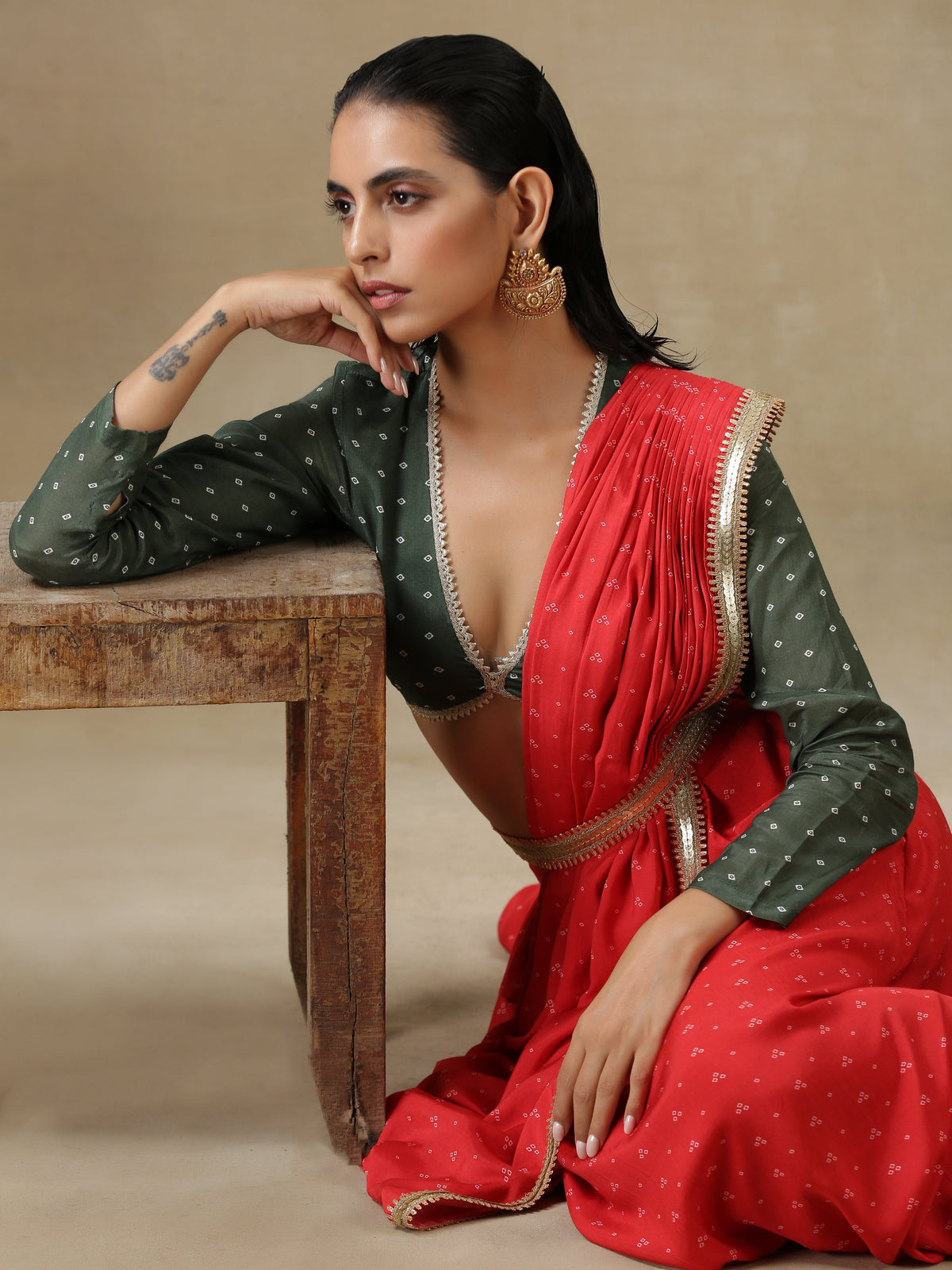 trueBrowns Red Bandhani Printed Silk Skirt Stitched Saree with Belt | Grocsy