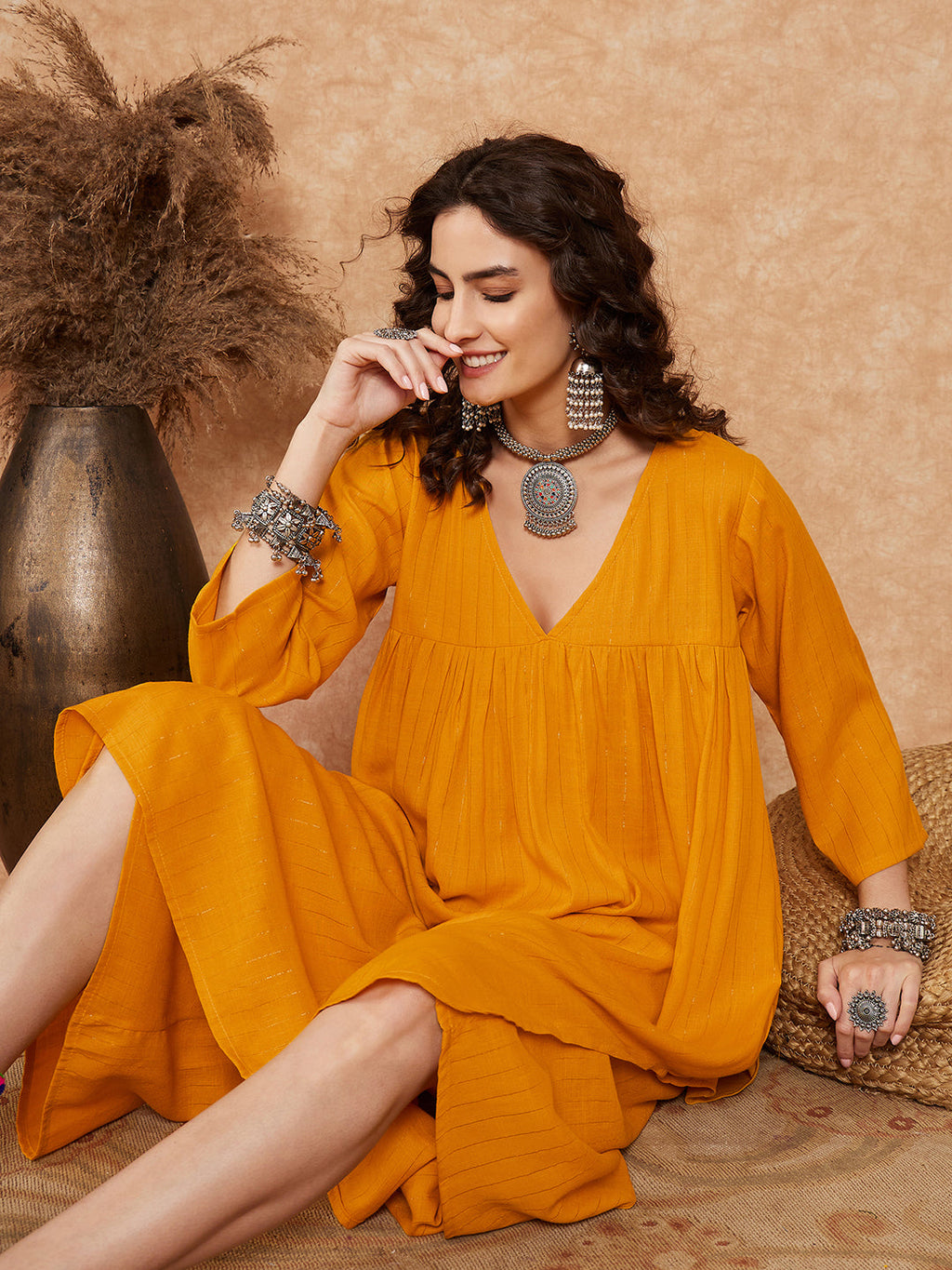 InWeave Women's Mustard Lurex Flared V Neck Kurta Palazzo Set | Grocsy