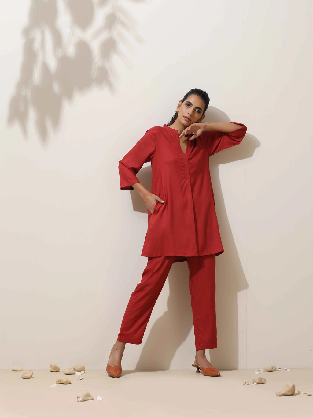 trueBrowns Maroon Viscose Solid Co-ord Set | Grocsy