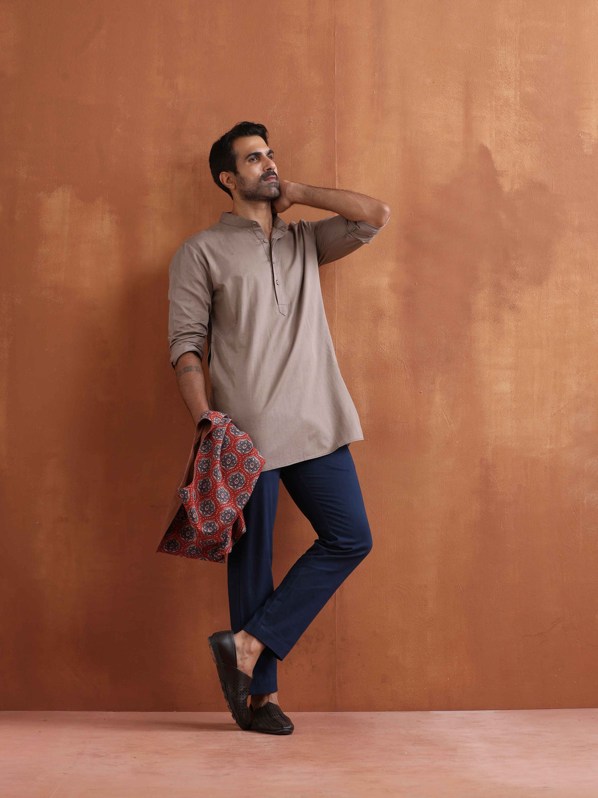 trueBrowns Men's Beige Cotton Short Kurta | Grocsy