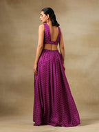 trueBrowns Purple Bandhani Printed Silk Top Skirt Jacket Set | Grocsy