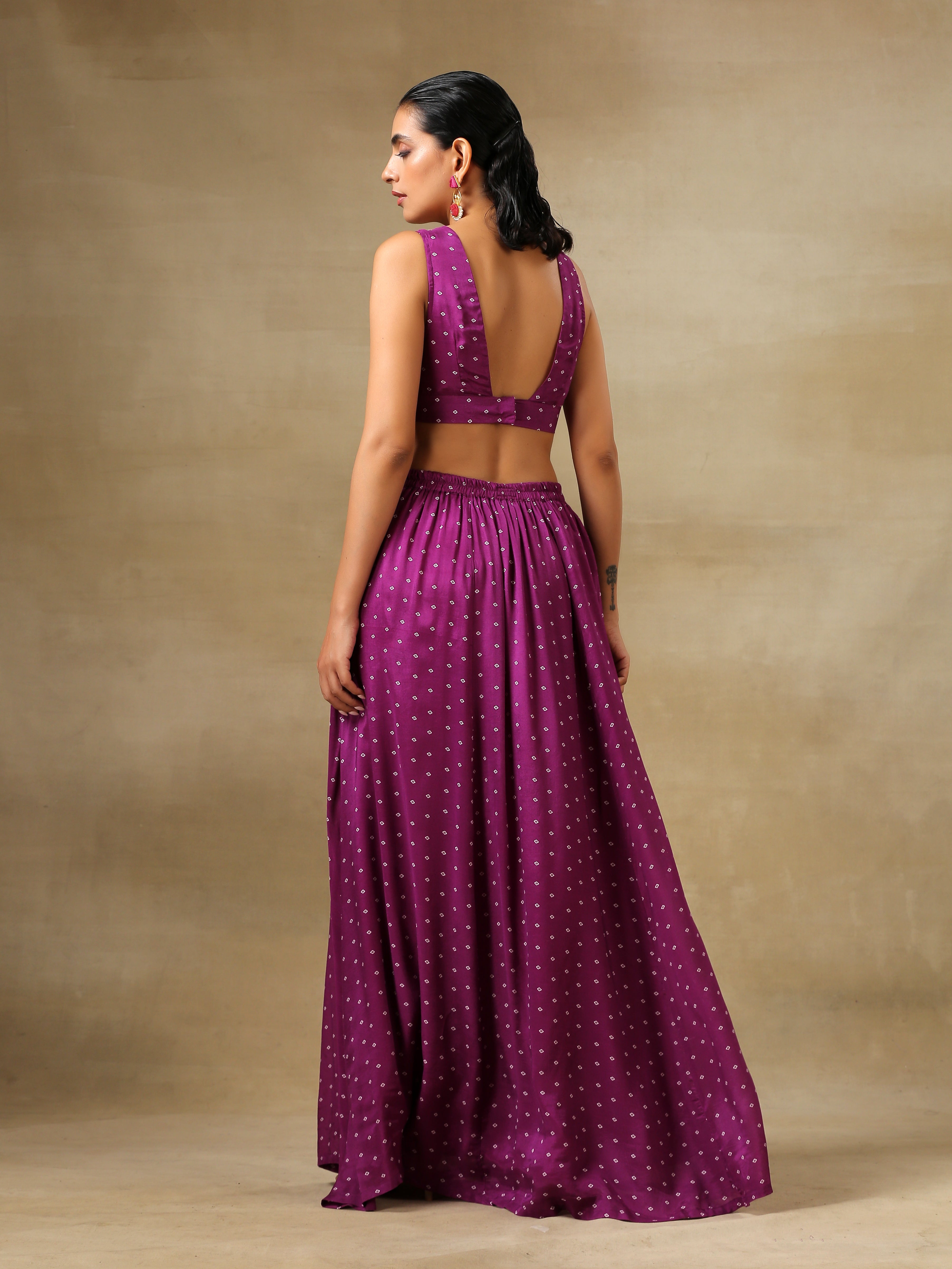 trueBrowns Purple Bandhani Printed Silk Top Skirt Jacket Set | Grocsy