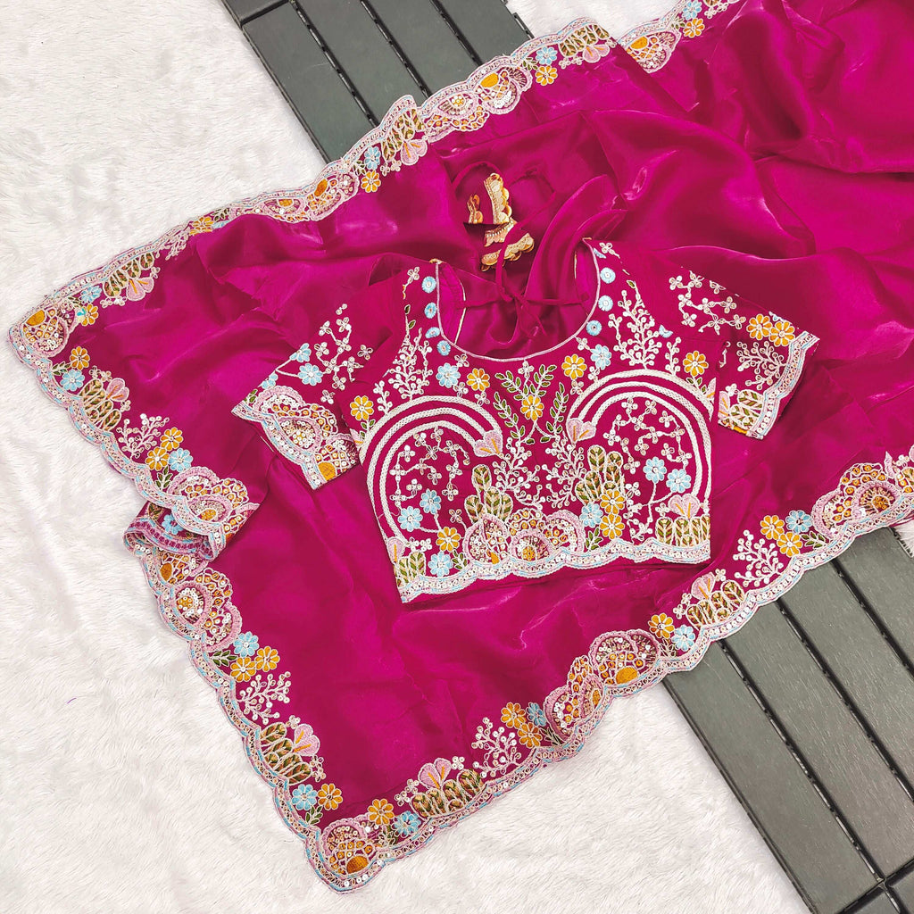 Lorenvalley Fashion Magenta Jimmy Choo with Embroidery Threads Codding & Sequins Work Saree with Blouse | Grocsy