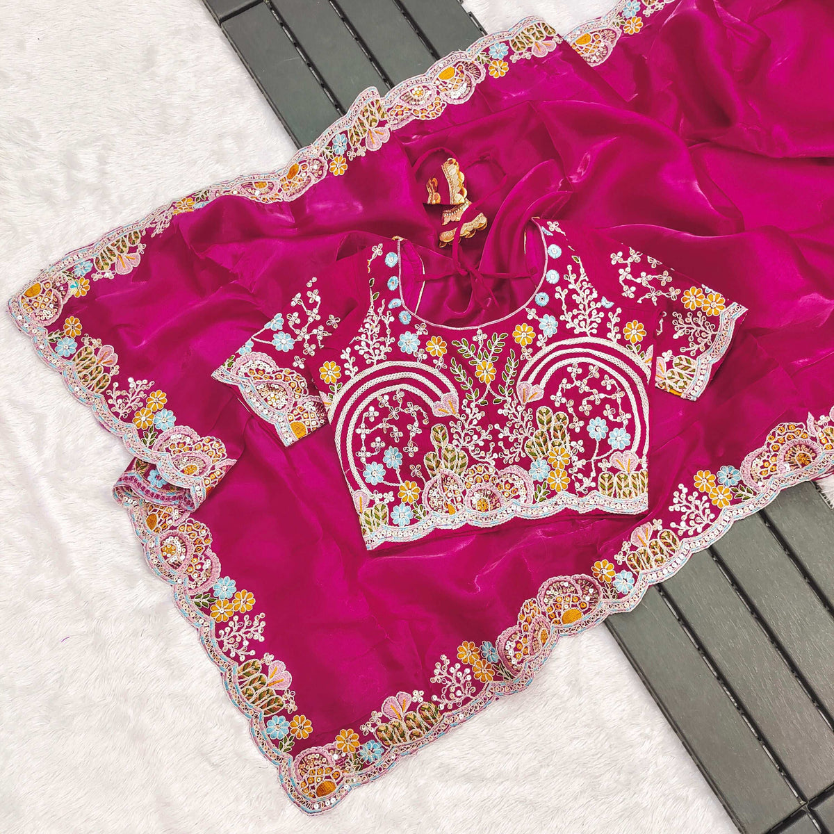 Lorenvalley Fashion Magenta Jimmy Choo with Embroidery Threads Codding & Sequins Work Saree with Blouse | Grocsy