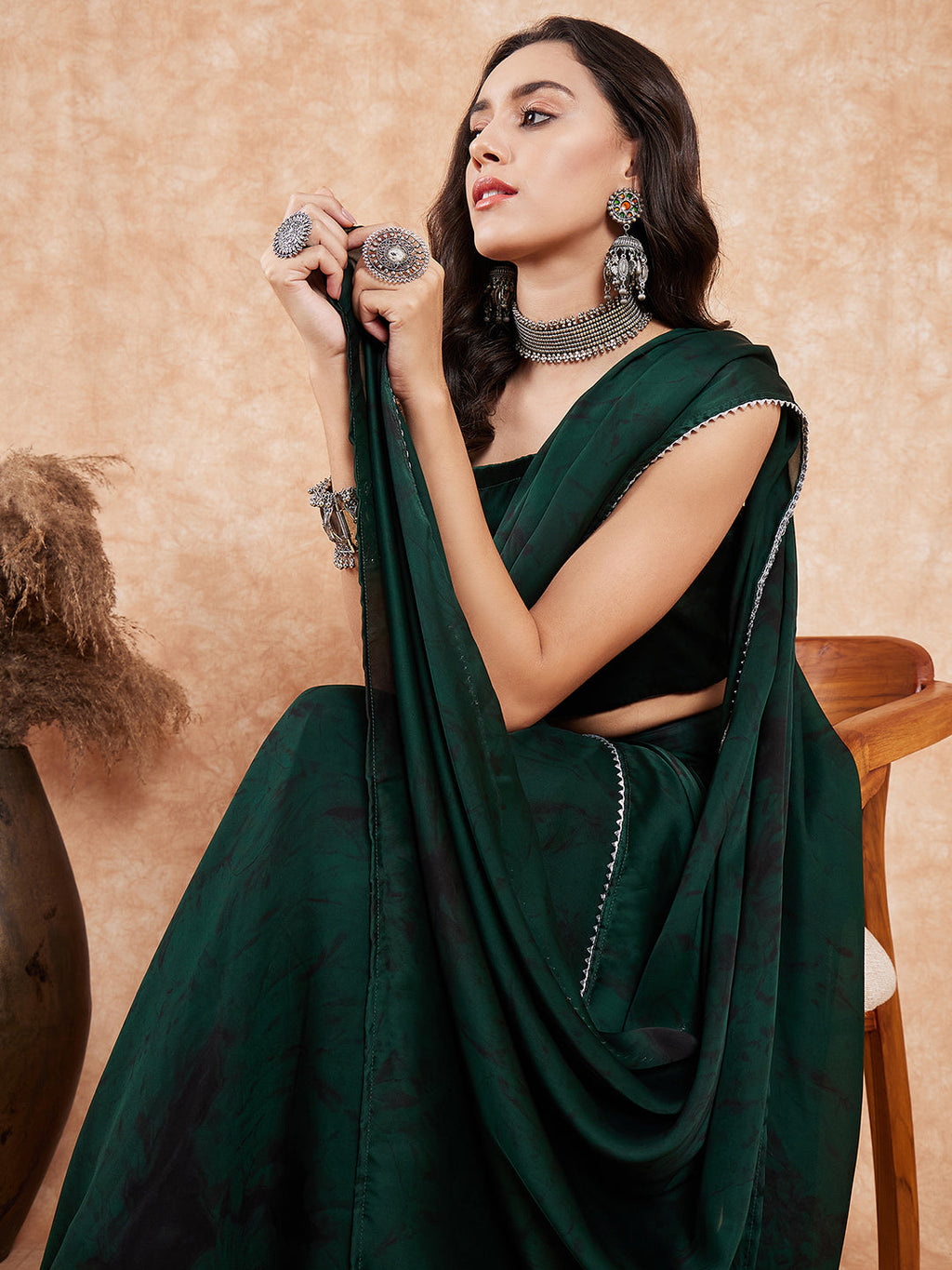 InWeave Women's Dark Green Black Gota Skirt Saree | Grocsy