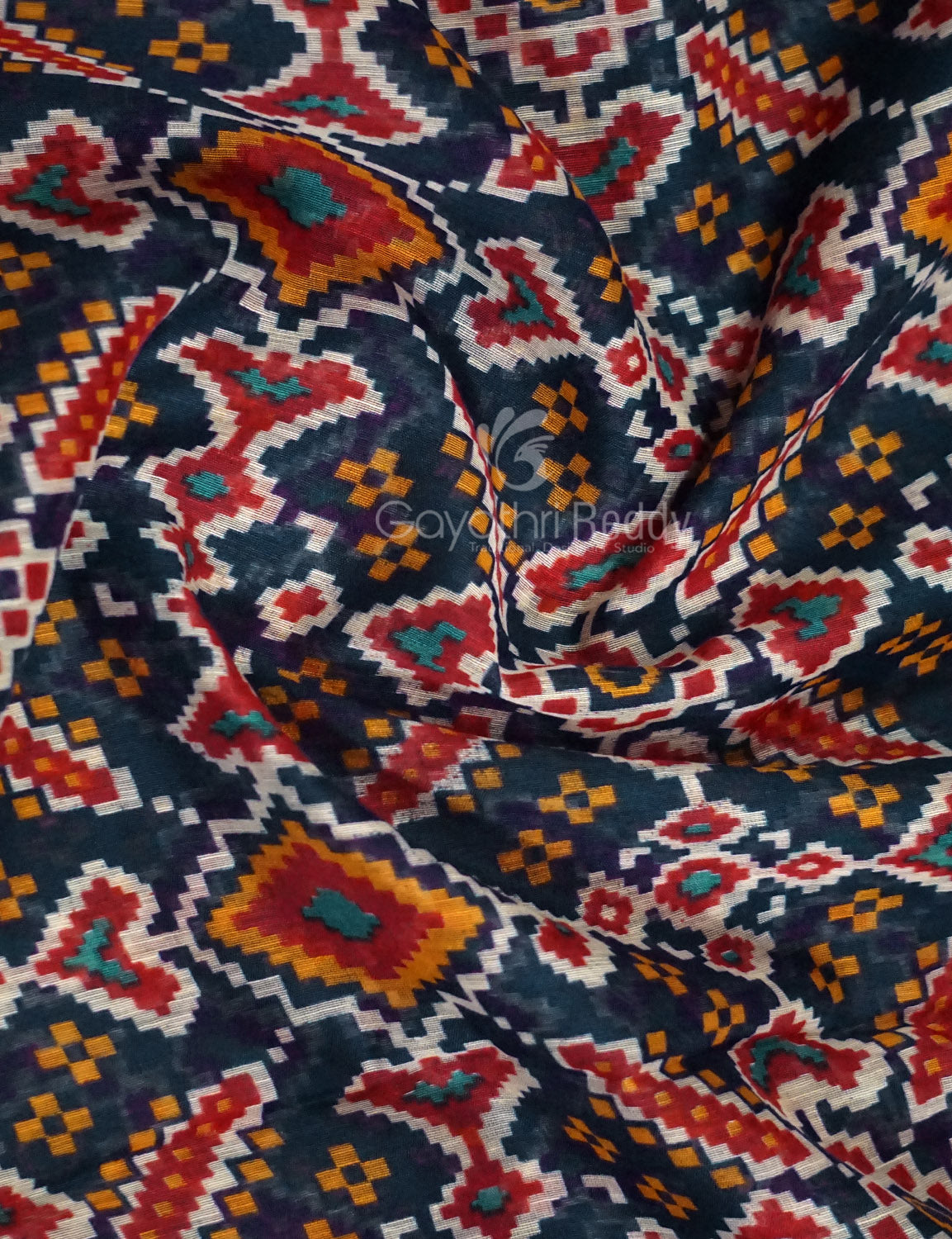 Shades of Navy Blue Colour Patola Print Semi Chanderi Saree By Gayathri Reddy Designer Studio | Grocsy