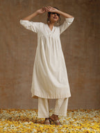 trueBrowns Ivory Gold Cotton Flared Kurta Set | Grocsy