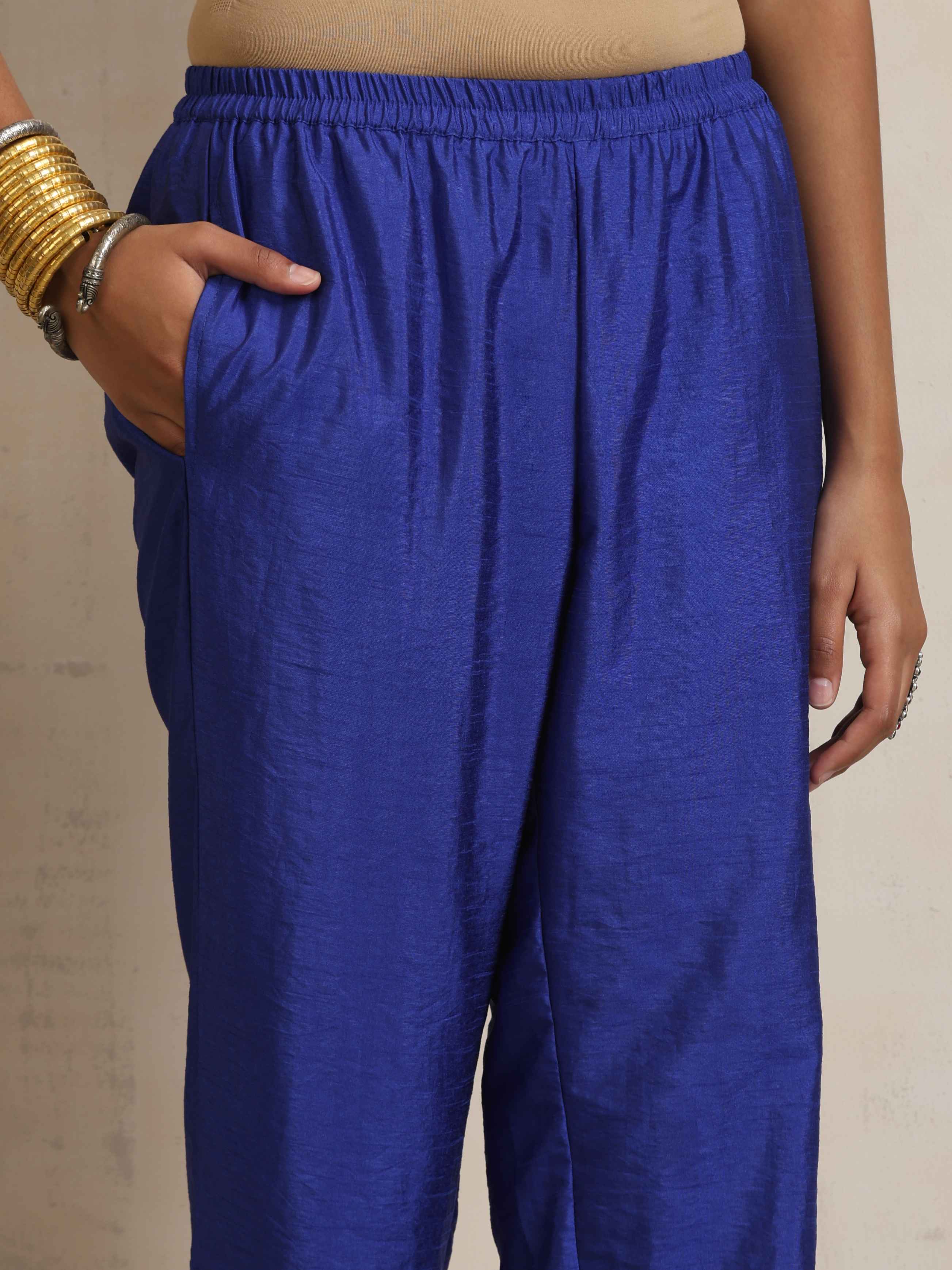 trueBrowns Blue Silk High Slit Kurta Set | Grocsy