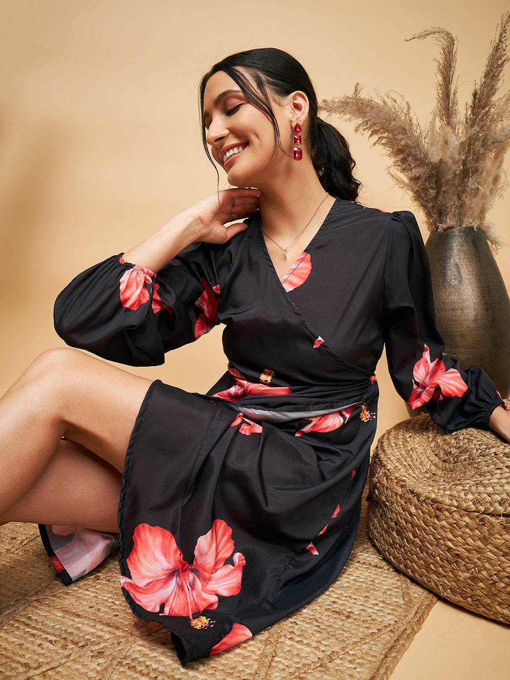 InWeave Women's Black Red Big Flower Belted Dress | Grocsy