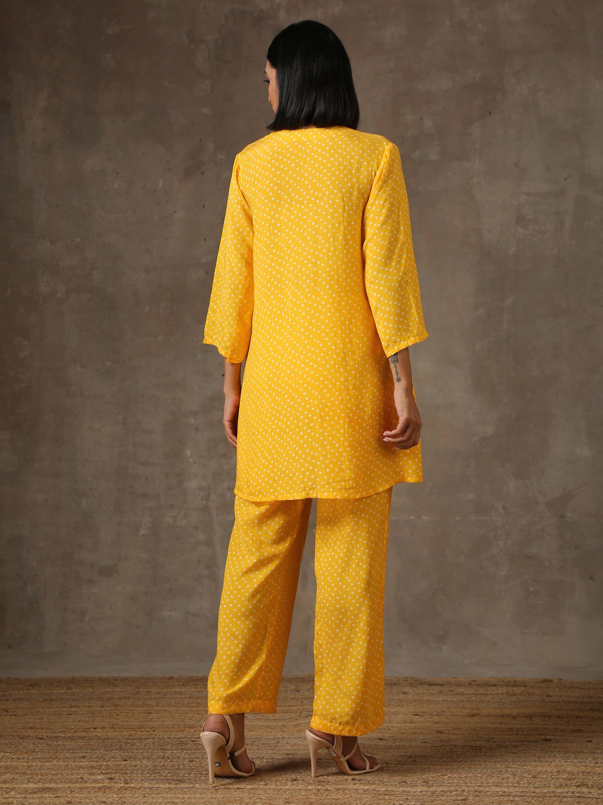 trueBrowns Yellow Bandhani Flare Printed Silk Co-Ord Set | Grocsy