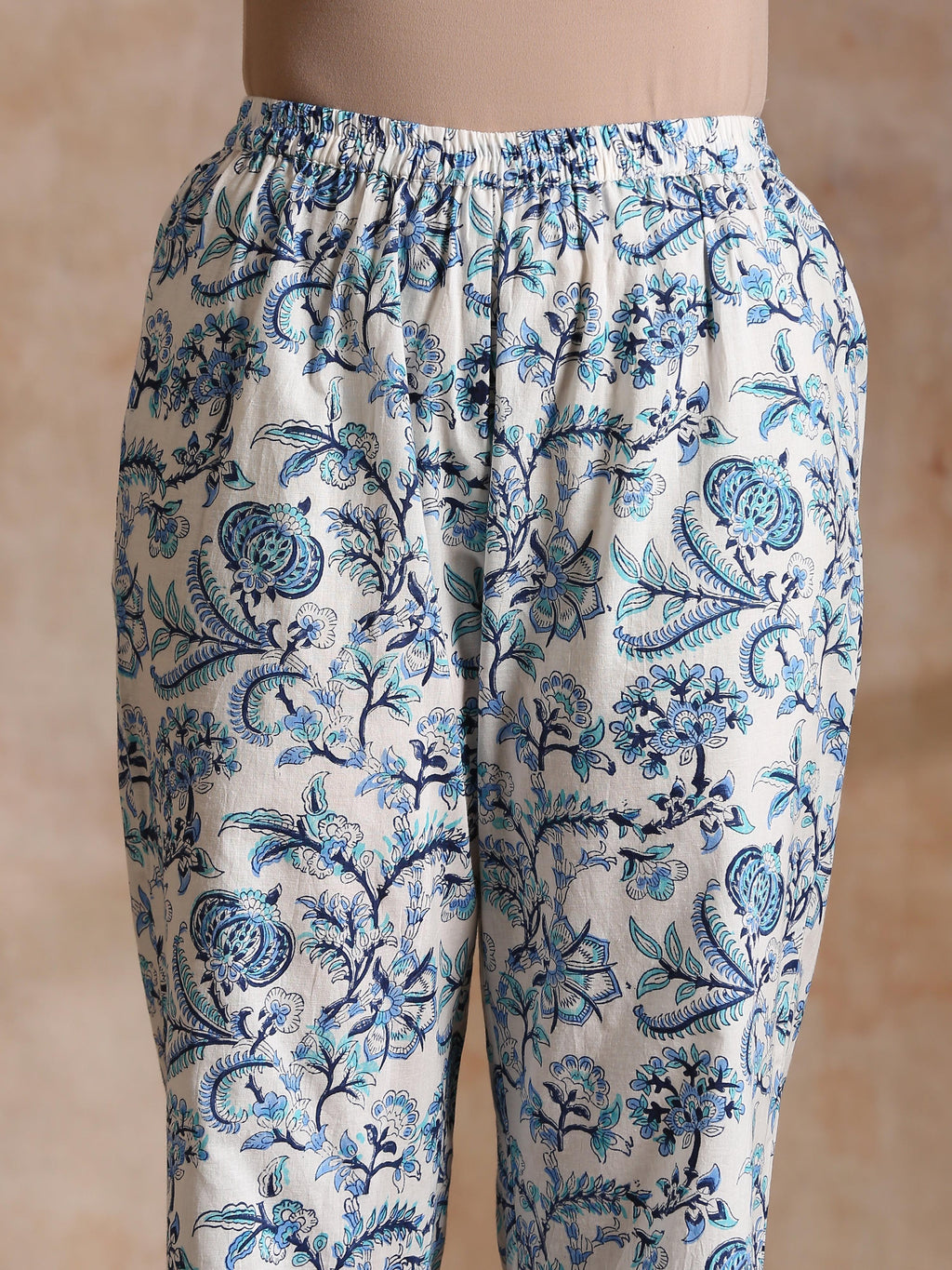 trueBrowns White With Overall Blue Print Cotton Angrakha Kurta Pant Set | Grocsy