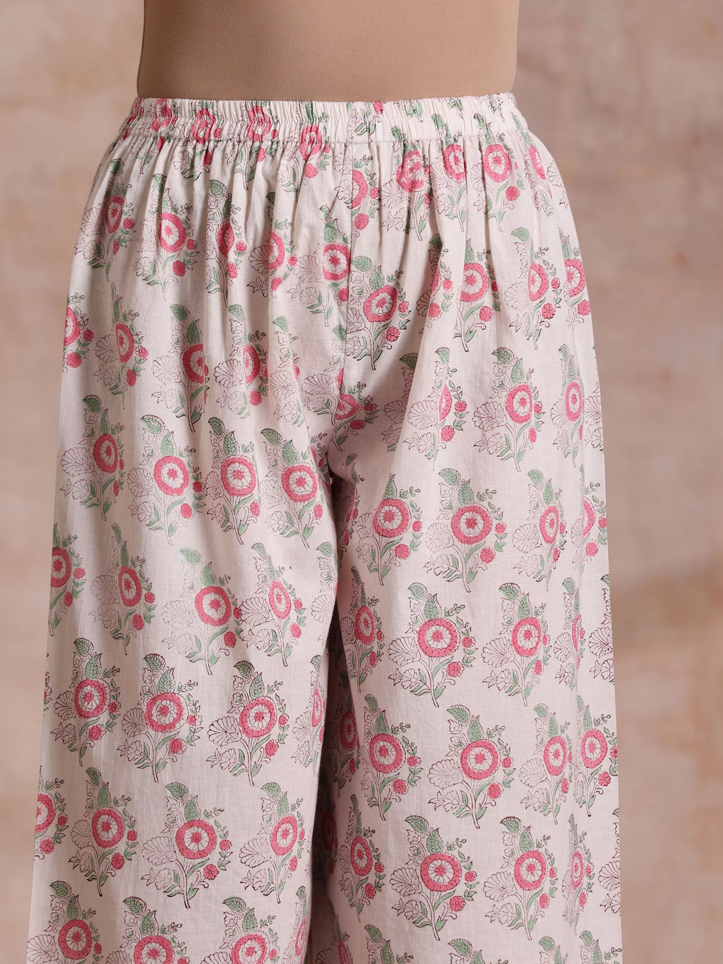 trueBrowns Pink Green Buta On White Block Print Cotton High-Low Co-Ord Set | Grocsy