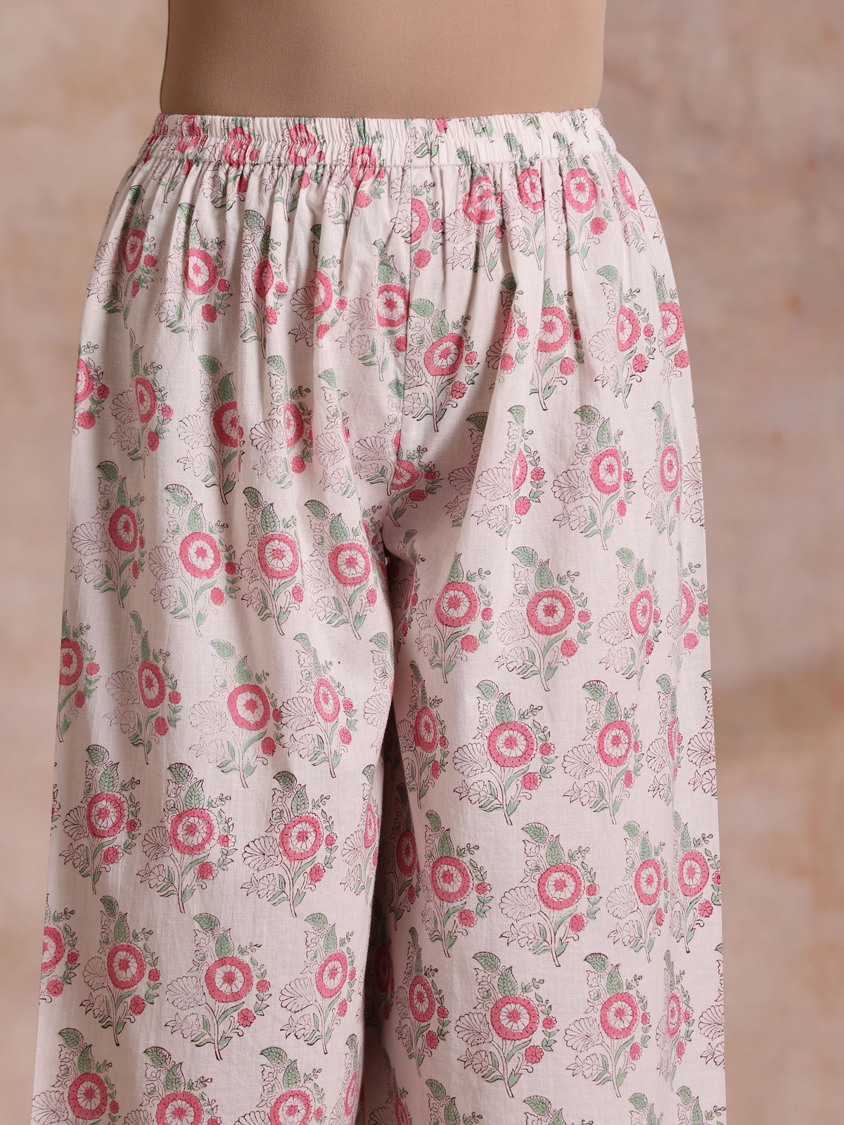 trueBrowns Pink Green Buta On White Block Print Cotton High-Low Co-Ord Set | Grocsy
