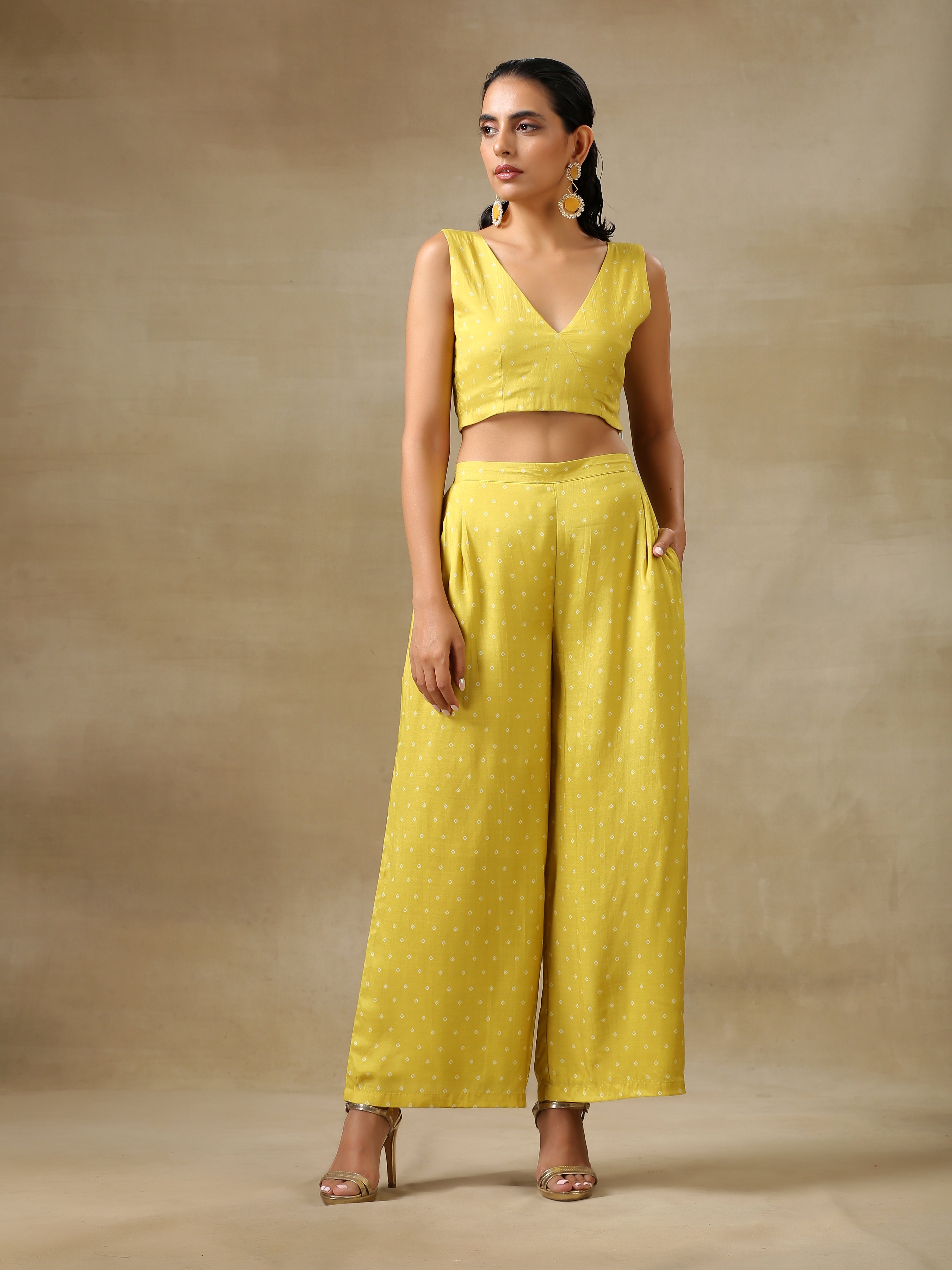 trueBrowns Lime Green Bandhani Printed Silk Top Pant with Purple Printed Jacket Set | Grocsy