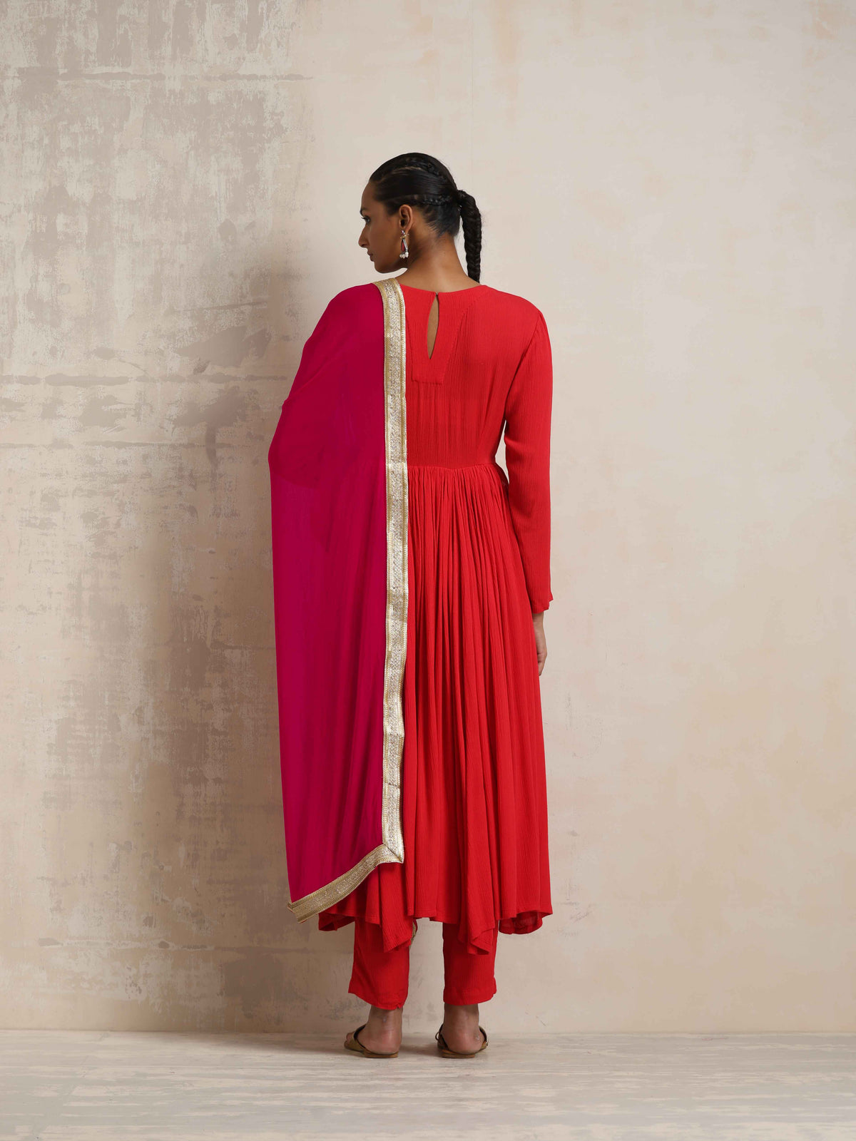 trueBrowns Red Crinkle Anarkali Kurta Pant Dupatta Set | Grocsy
