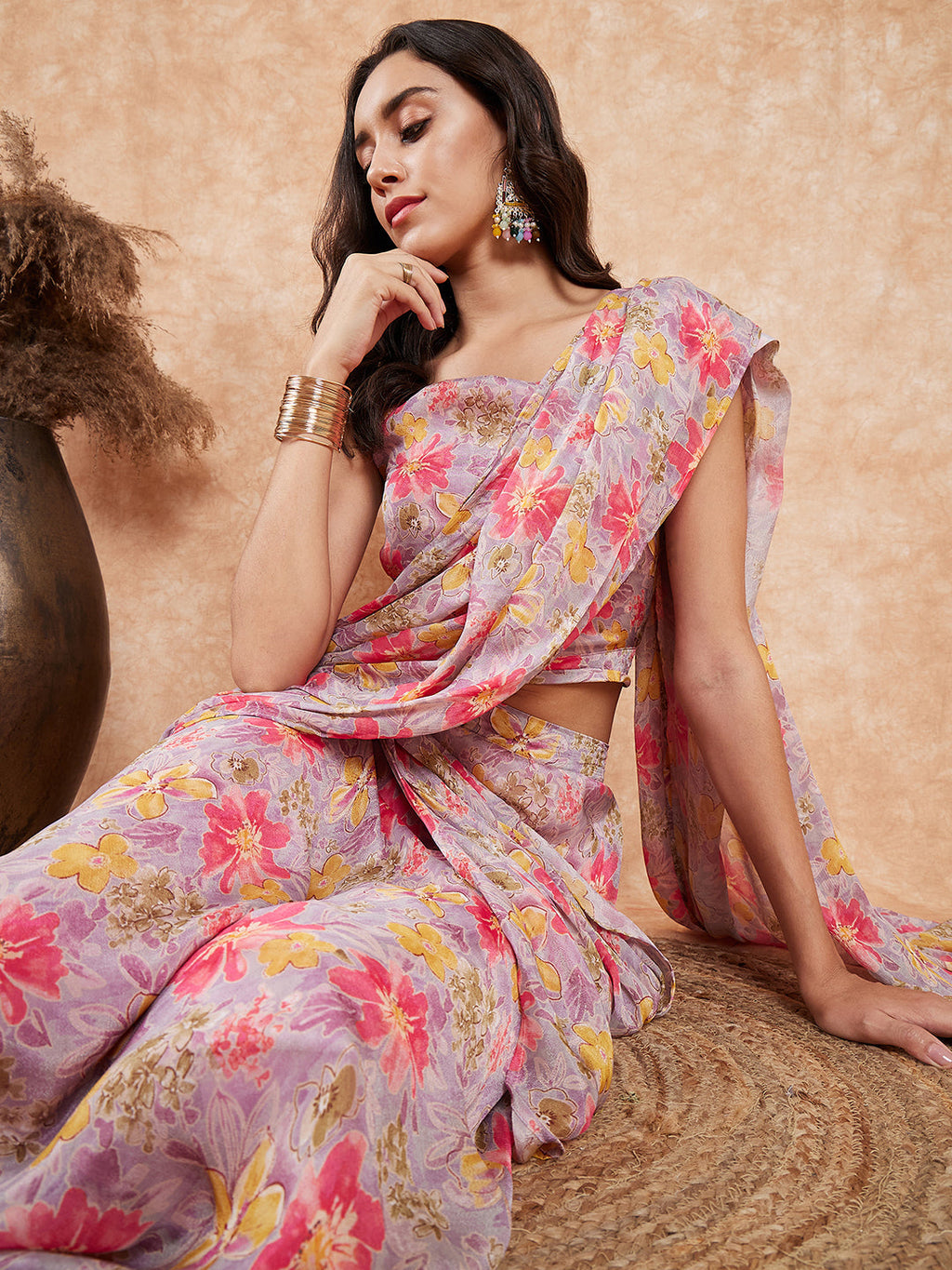InWeave Women's Pastel Mauve Hibiscus Floral Skirt Saree | Grocsy