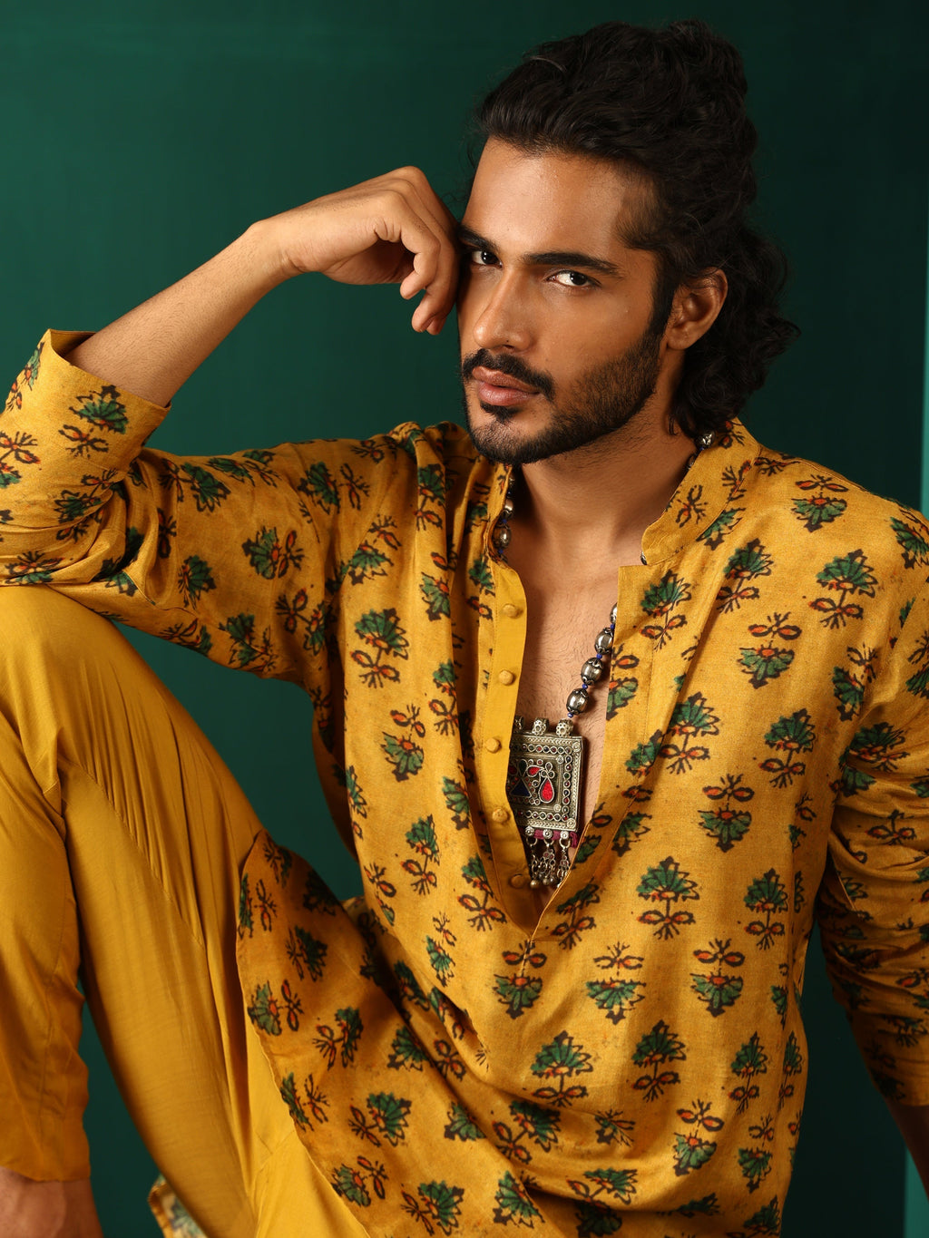trueBrowns Men's Mustard Flower Stem Muslin Silk Printed Co-ord Set | Grocsy