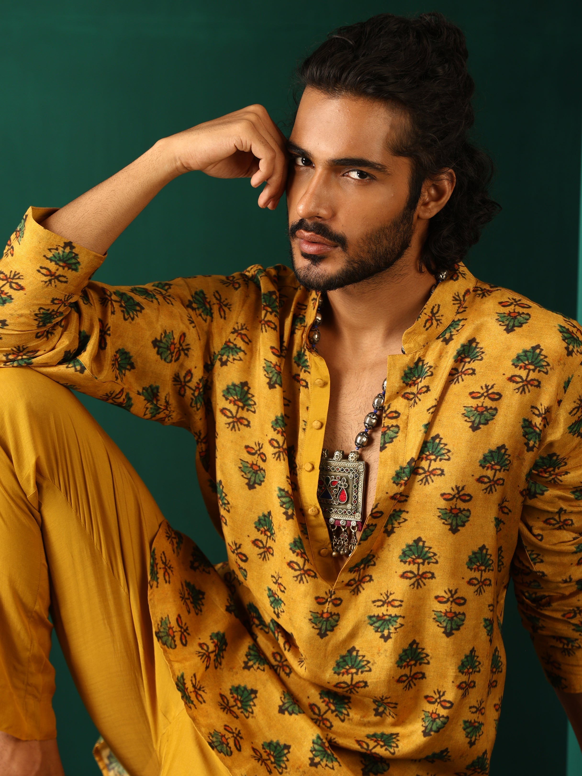 trueBrowns Men's Mustard Flower Stem Muslin Silk Printed Co-ord Set | Grocsy