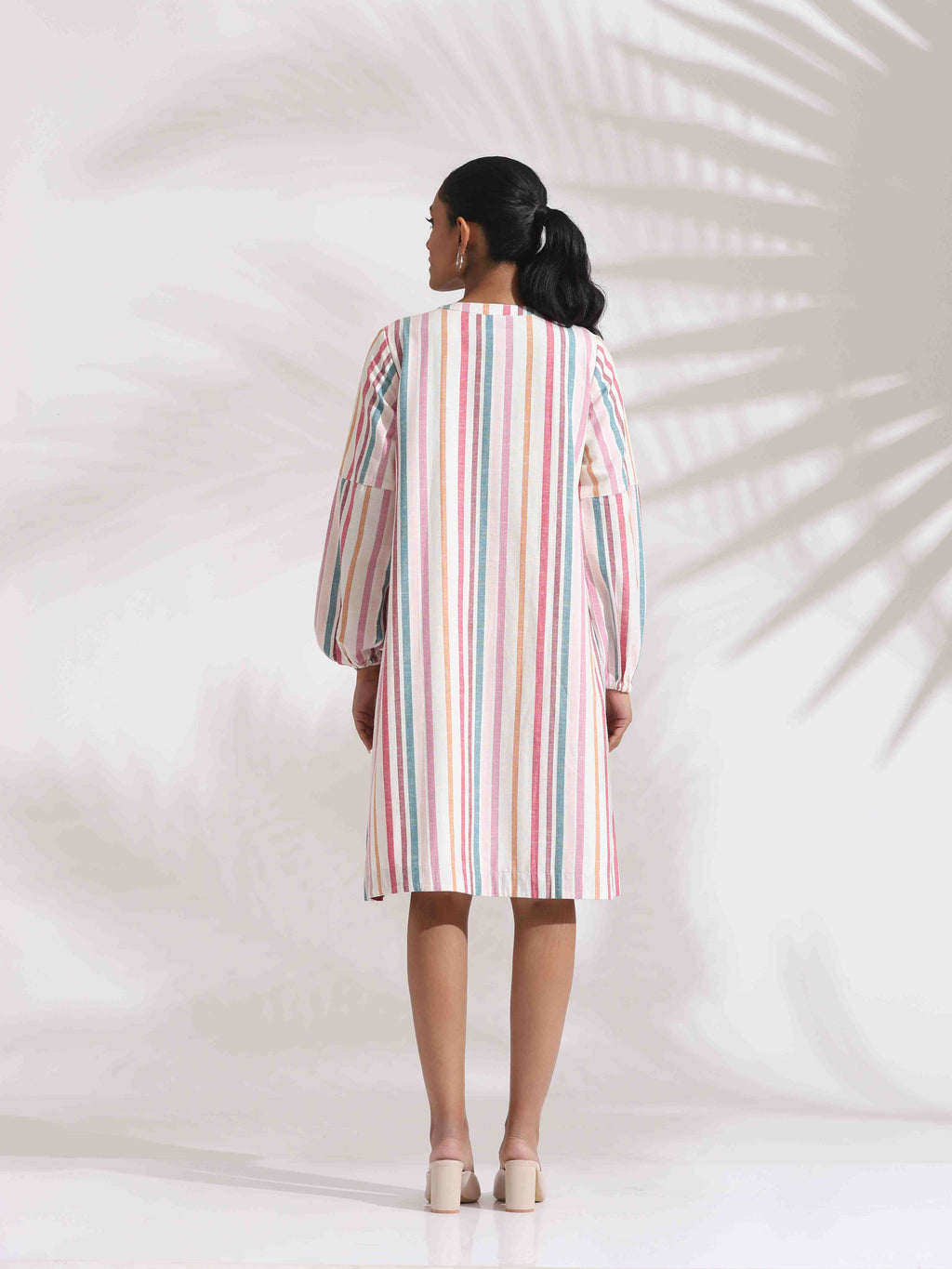 trueBrowns Off-White Cotton Multi Stripe Short Dress | Grocsy