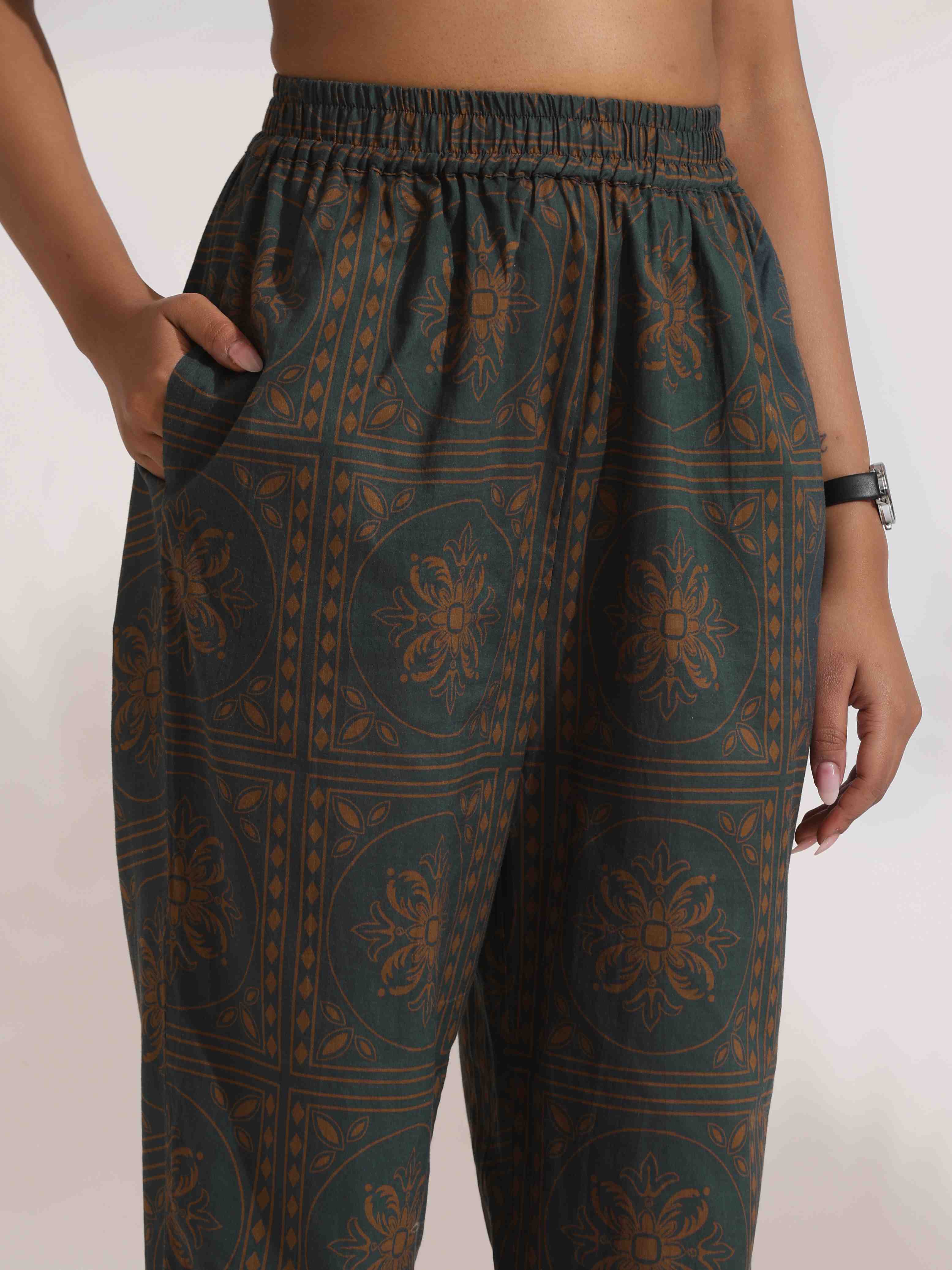 trueBrowns Green Cotton Print Shirt Top & Pants Co-ord Set | Grocsy