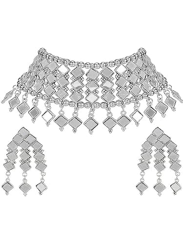 Tehzeeb Creations Women's Silver Colour Oxidised Necklace And Earring With Mirror Work | Grocsy