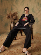 InWeave Women's Black Trangle Maroon Patch Work Assymentrical Kurta Set | Grocsy
