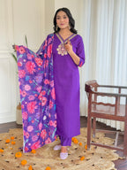 The52 Women's Beautiful Roman Silk Embroidered Straight Kurta with Pant And Dupatta Set | Grocsy