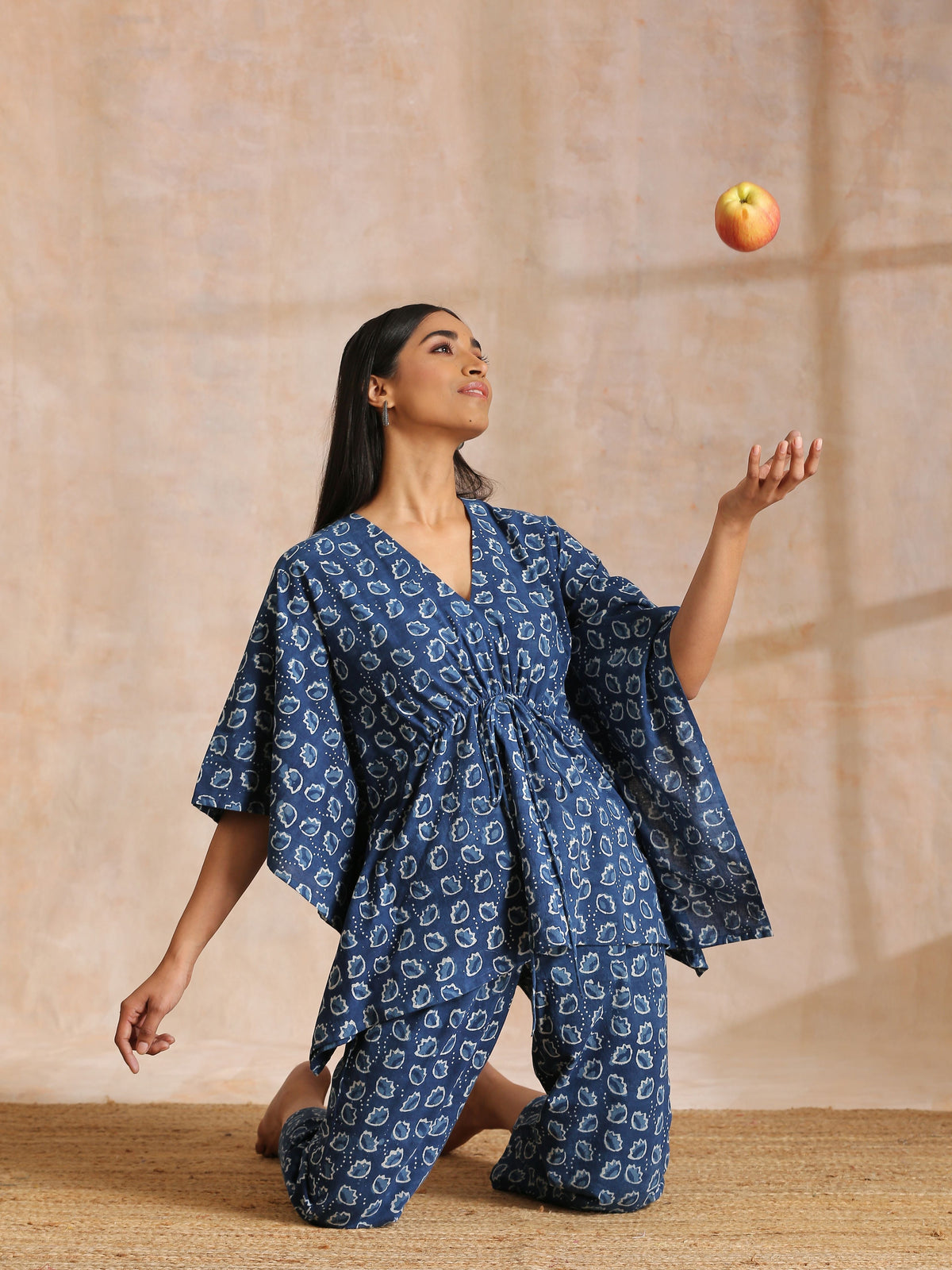 trueBrowns Indigo Dabu Floral Print Cotton Kaftan Co-Ord Set | Grocsy
