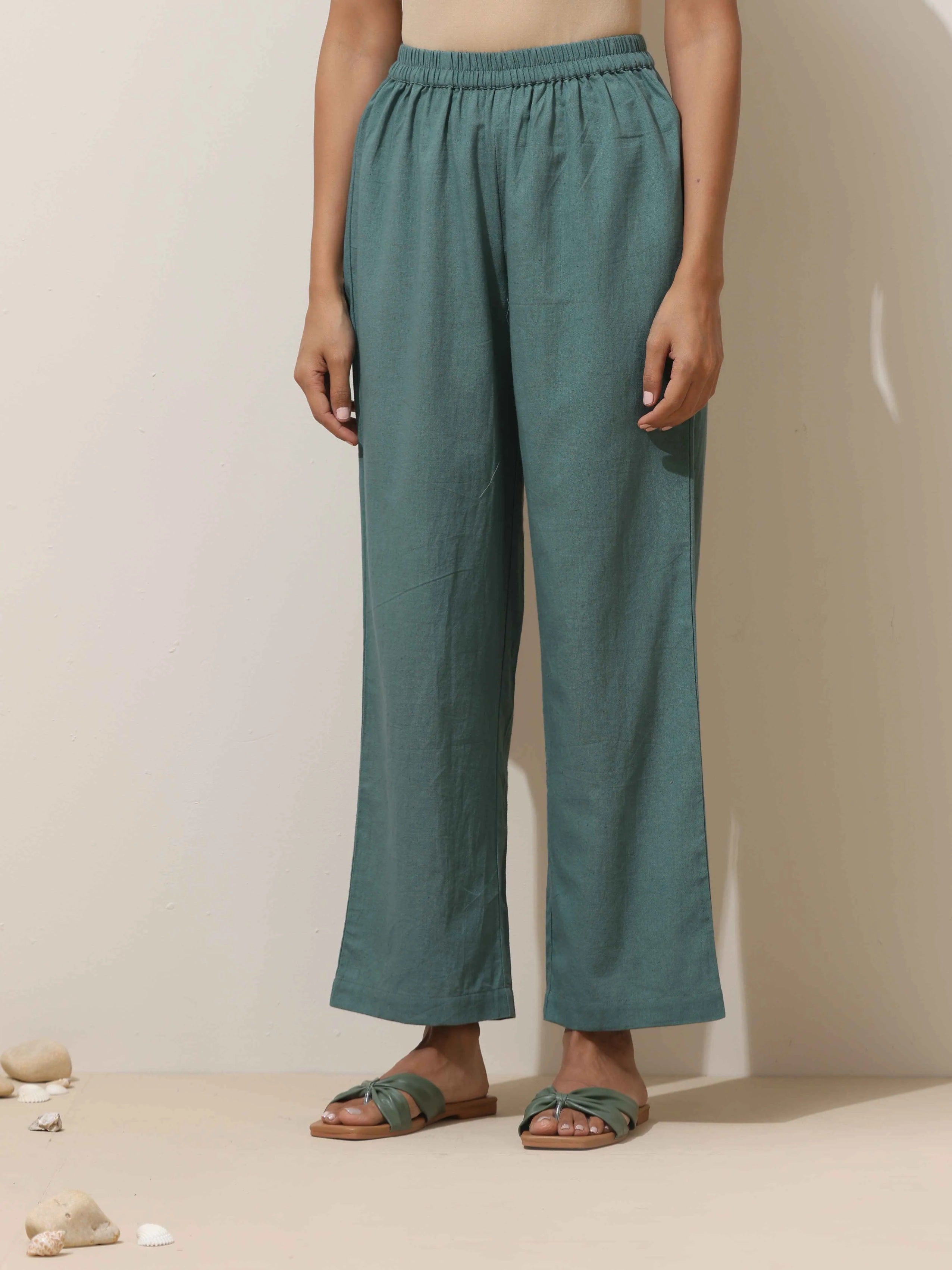 trueBrowns Green Cotton Linen Kurta Pant Set | Grocsy