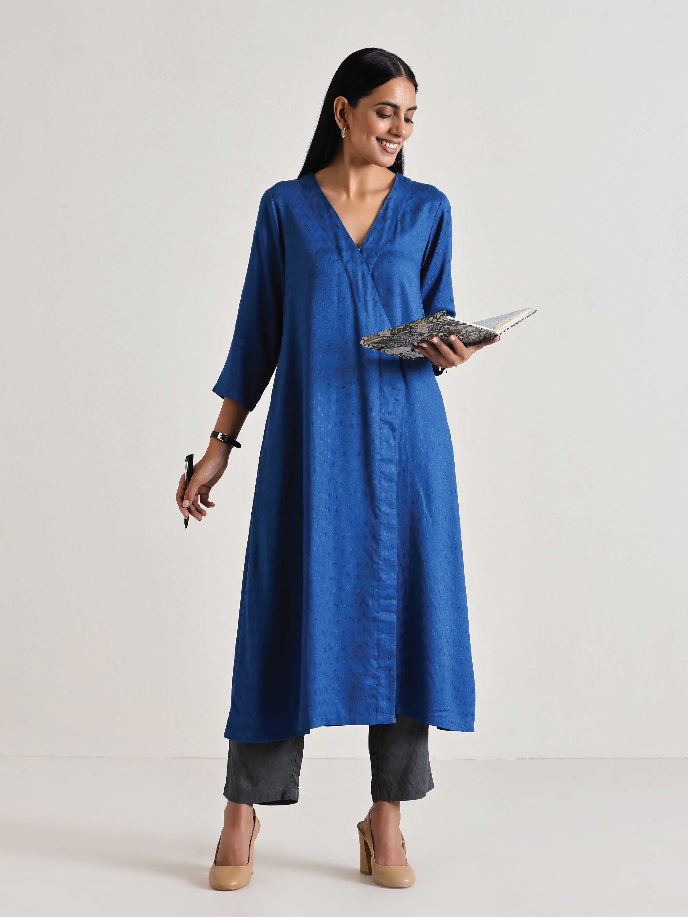 trueBrowns Ink Blue Angrakha Kurta Set | Grocsy