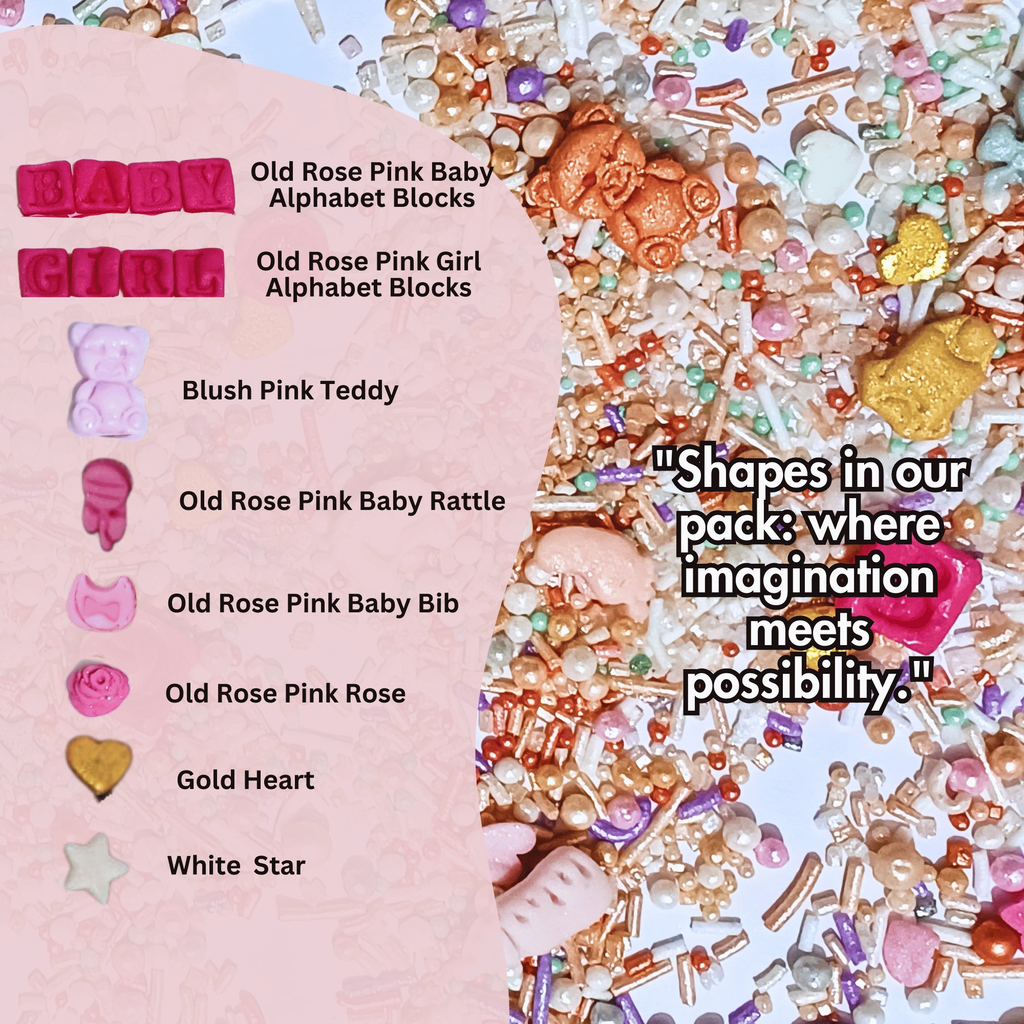 Confect Girls Baby Shower Sprinkles | Mix Heart, Teddy, Baby Feed Bottle & Baby Feet Sprinkles | Grocsy