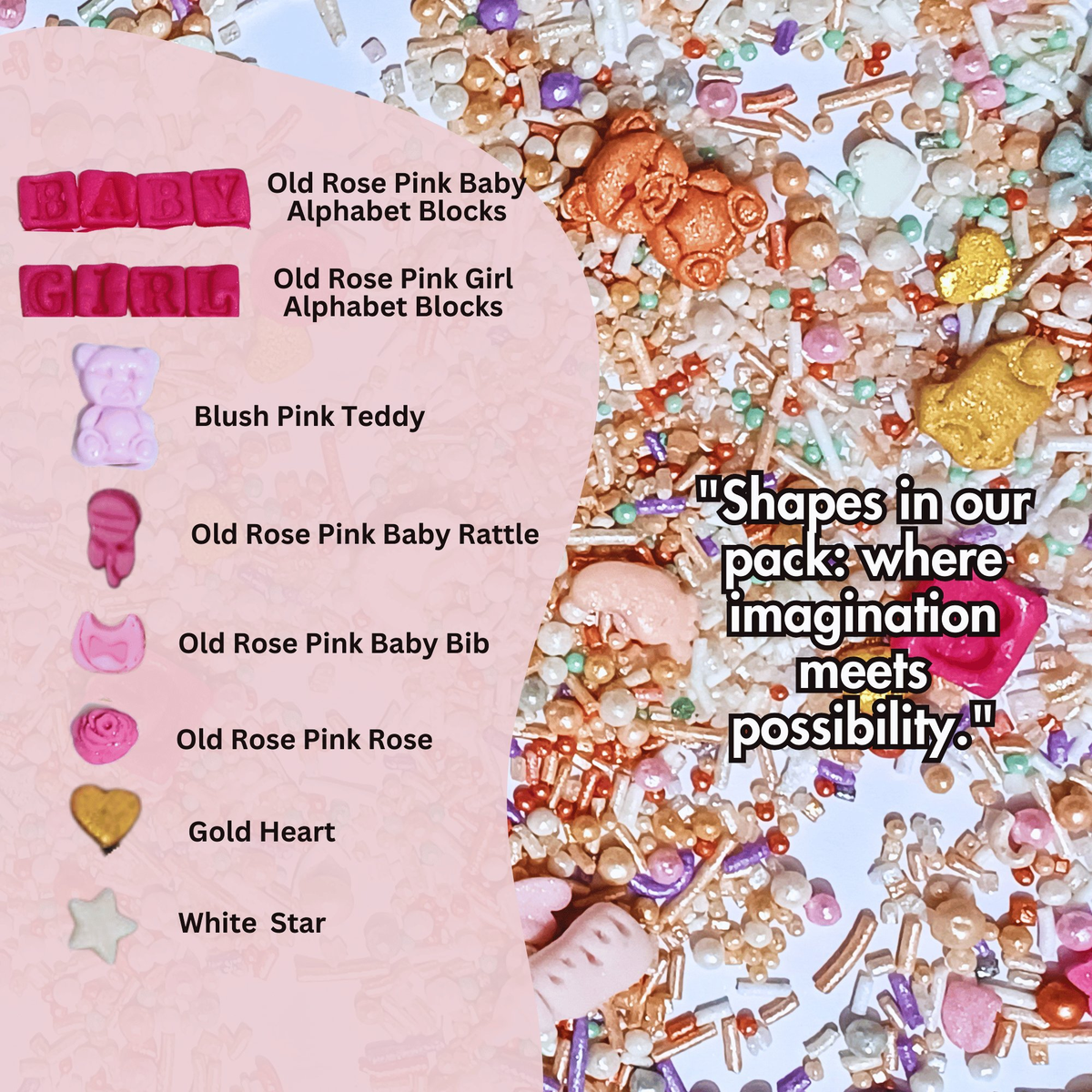 Confect Girls Baby Shower Sprinkles | Mix Heart, Teddy, Baby Feed Bottle & Baby Feet Sprinkles | Grocsy