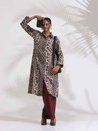 trueBrowns Beige Cotton Geometric Print Shirt Kurta Set | Grocsy