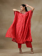 trueBrowns Red Bandhani Printed Silk Panel Kaftan Kurta Pant Set | Grocsy
