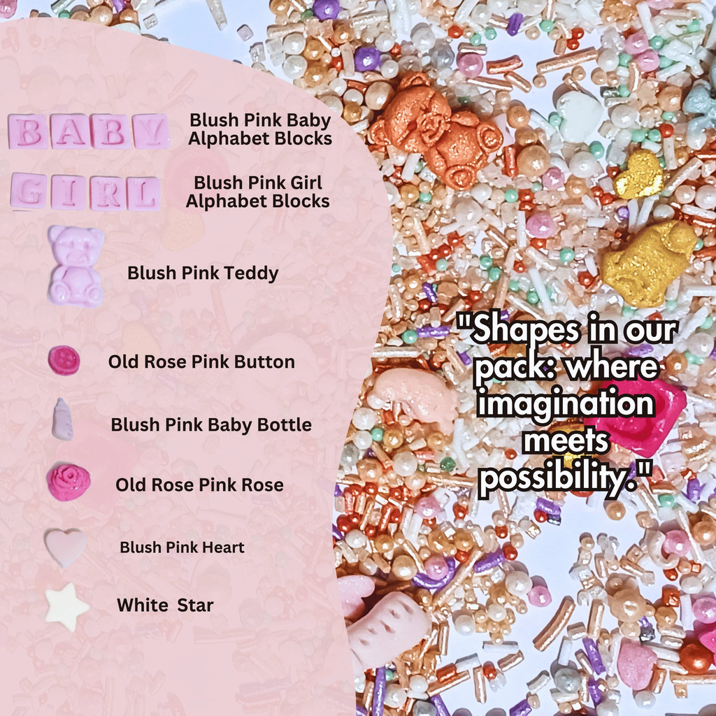 Confect Girls Baby Shower Sprinkles | Mix Heart, Teddy, Baby Feed Bottle & Baby Feet Sprinkles | Grocsy