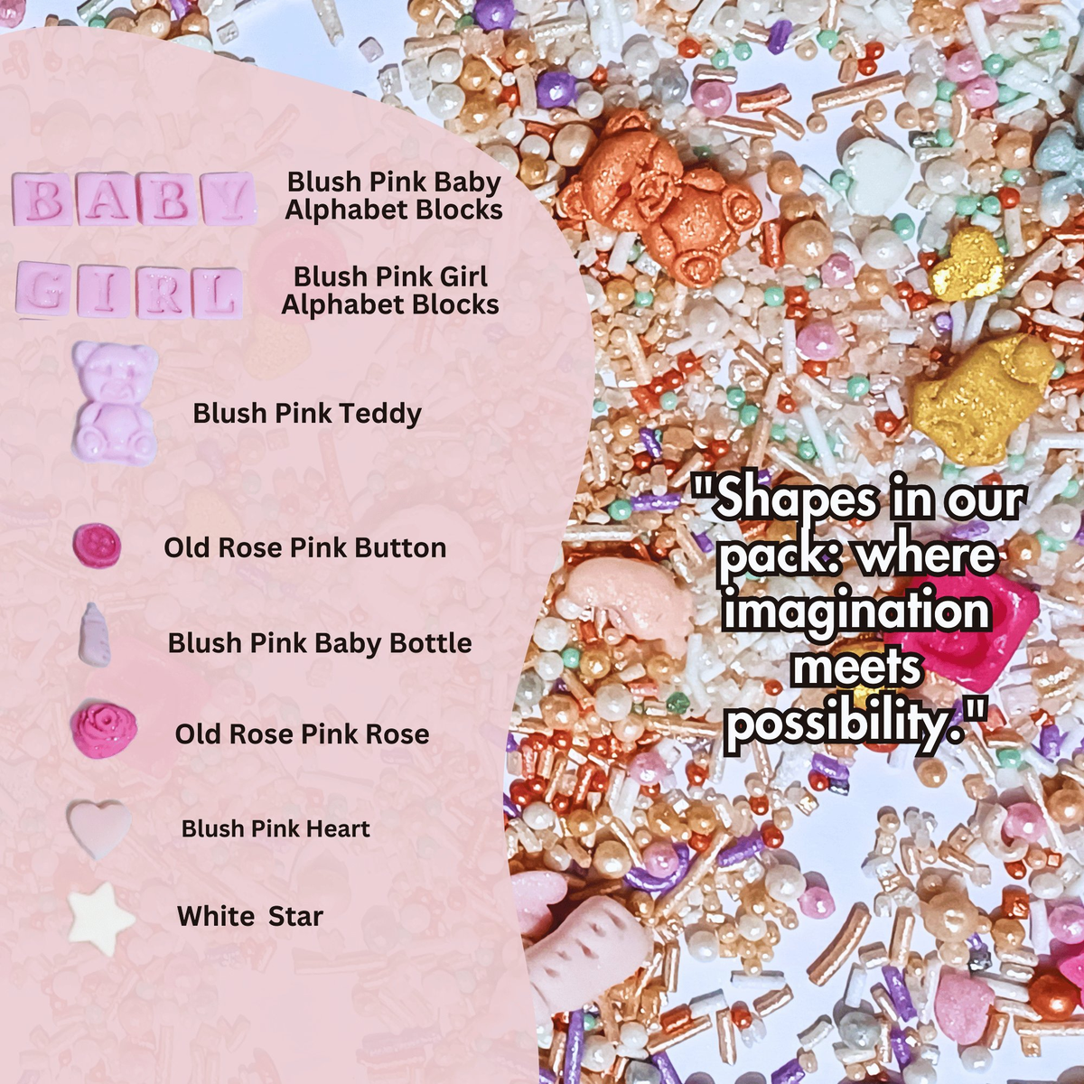 Confect Girls Baby Shower Sprinkles | Mix Heart, Teddy, Baby Feed Bottle & Baby Feet Sprinkles | Grocsy