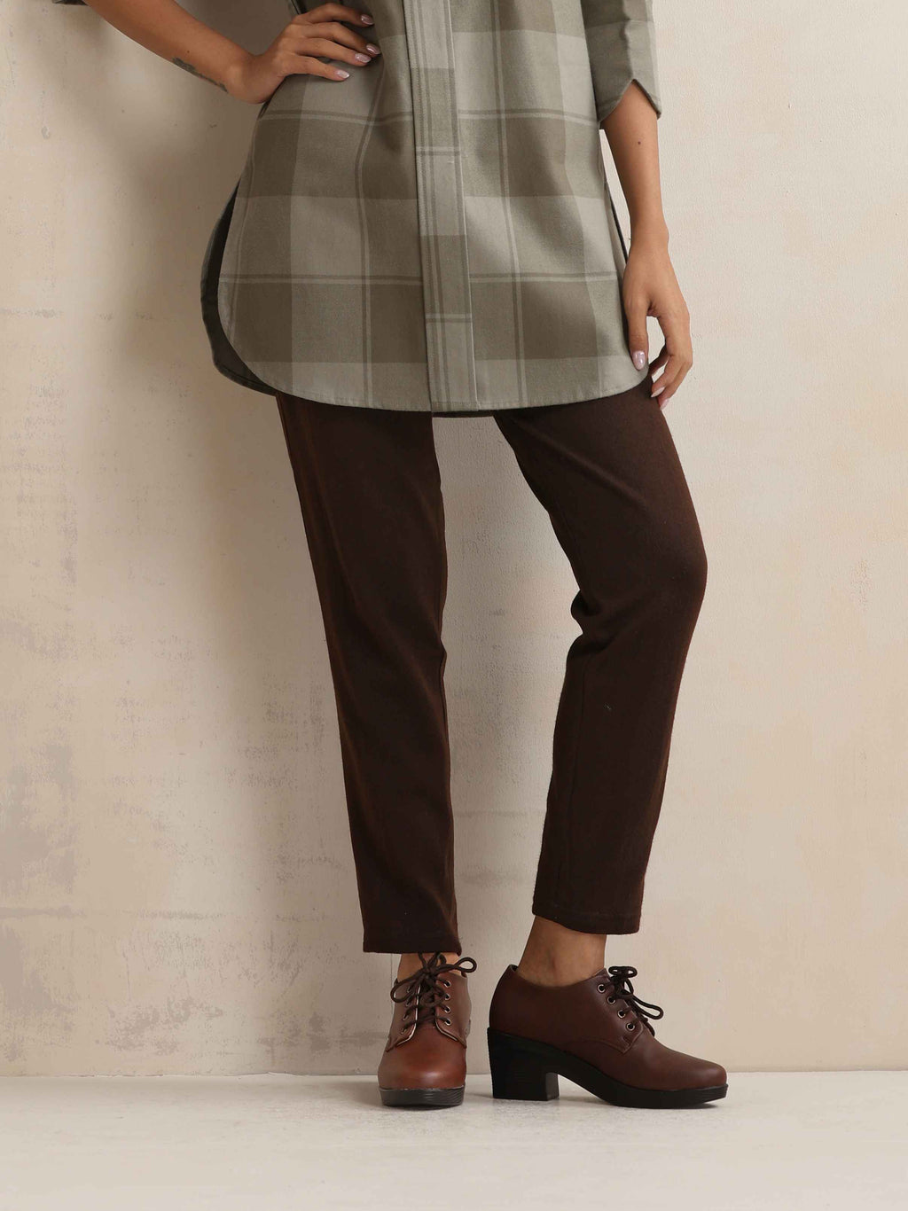 trueBrowns Green Check High Neck Winter Top | Grocsy