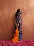 trueBrowns Black Ajrak Print A-line Kurta Set | Grocsy