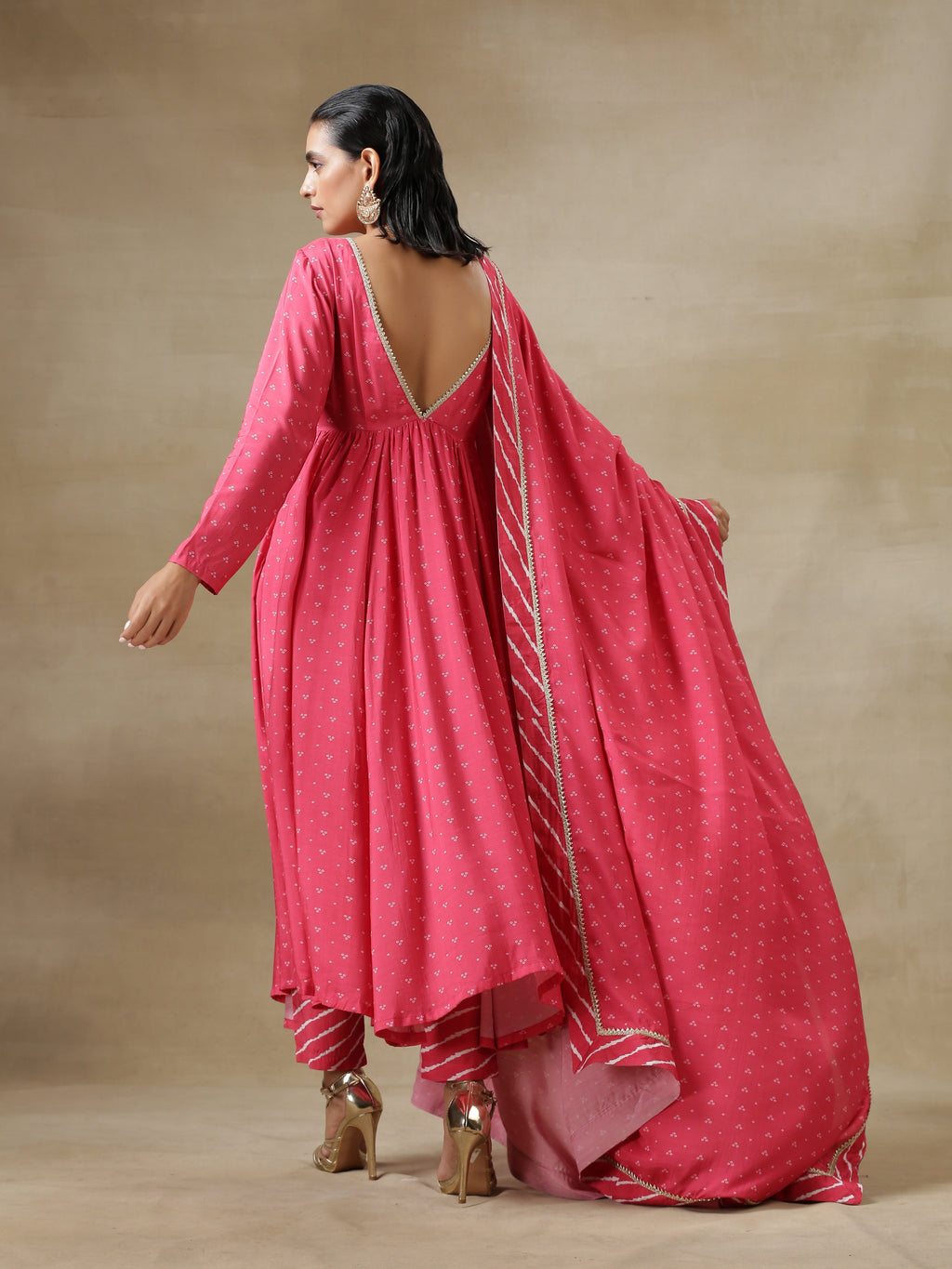 trueBrowns Pink Bandhani Printed Silk Anarkali Kurta Pant Dupatta Set | Grocsy