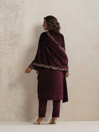trueBrowns Purple Velvet Geometric Embroidered Kurta Pant Dupatta Set | Grocsy