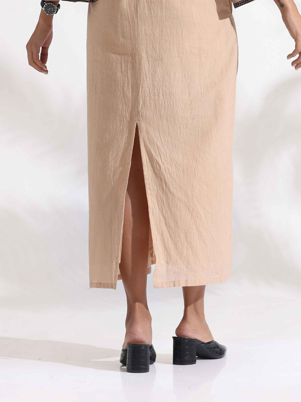 trueBrowns Beige Cotton Print Long Dress | Grocsy