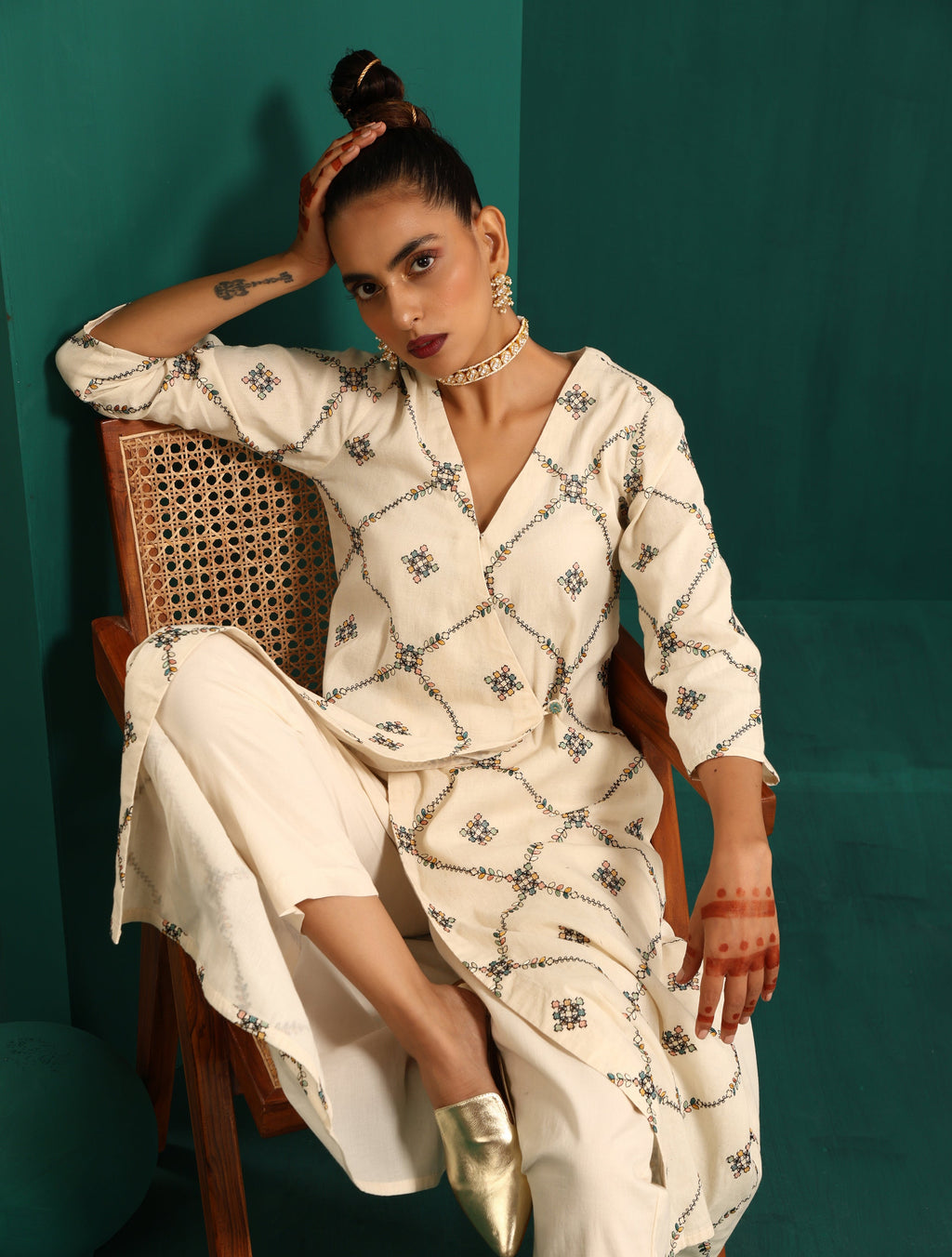 trueBrowns Ivory Rhombus Cotton Angrakha Kurta Pant Set | Grocsy