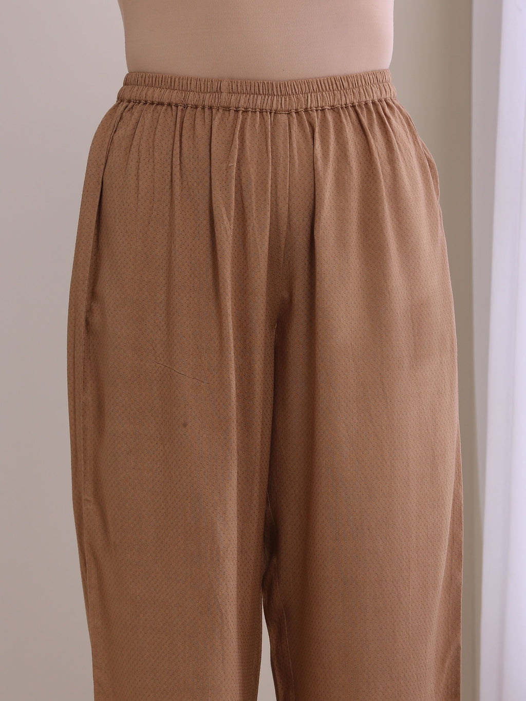 trueBrowns Beige Dobby Gathered Kurta Pant Set | Grocsy