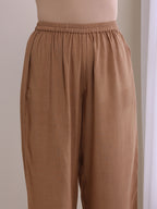 trueBrowns Beige Dobby Gathered Kurta Pant Set | Grocsy