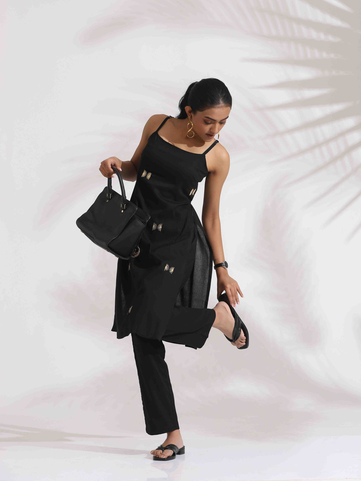 trueBrowns Black Cotton Embroidered Straight Kurta Set | Grocsy