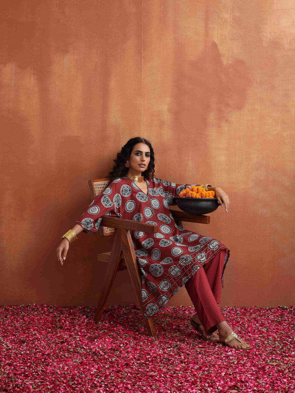 trueBrowns Maroon Print A-line Kurta Co-ord Set | Grocsy
