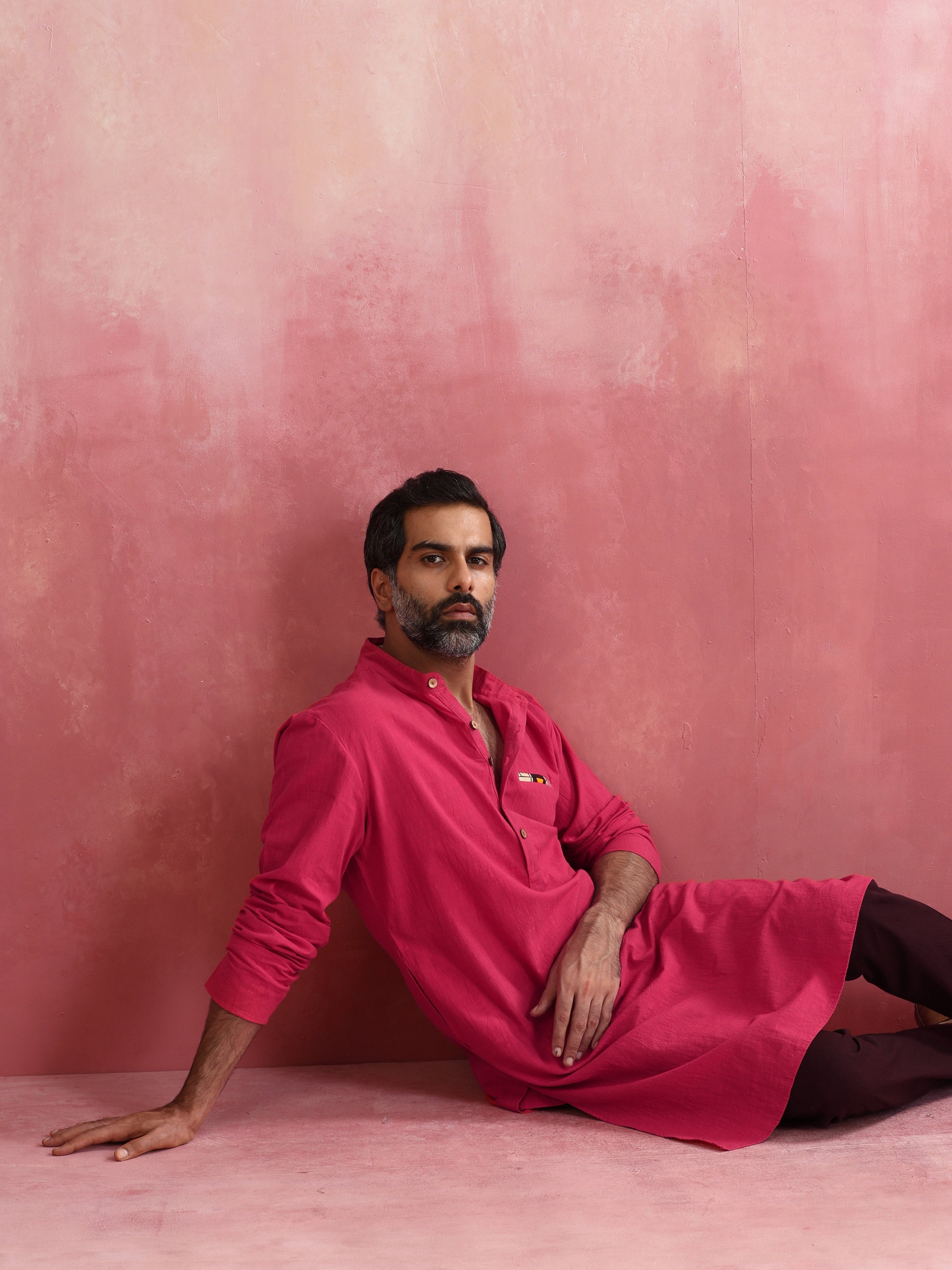 trueBrowns Men's Pink Mandarin Collar Kurta | Grocsy