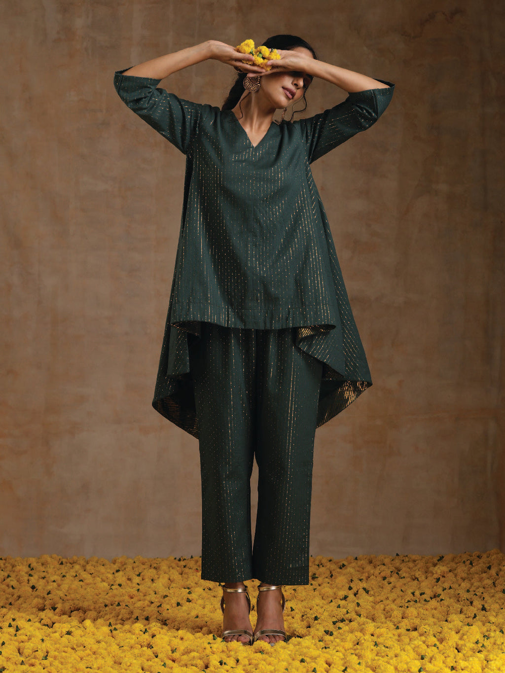 trueBrowns Dark Green Gold Cotton High-Low Co-Ord Set | Grocsy