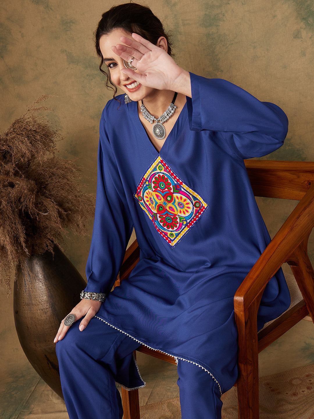 InWeave Women's Ink Blue Square Yellow Patch Work Assymentrical Kurta Set | Grocsy