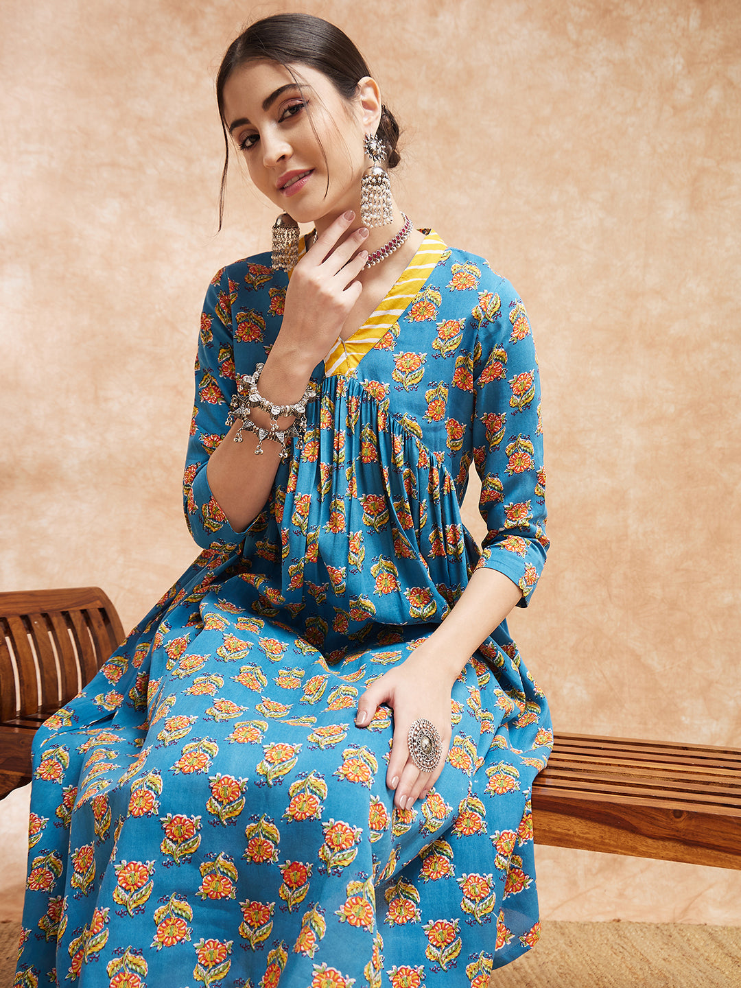 InWeave Women's Blue Orange Floral Yellow White Leh V Neck Kurta Set | Grocsy